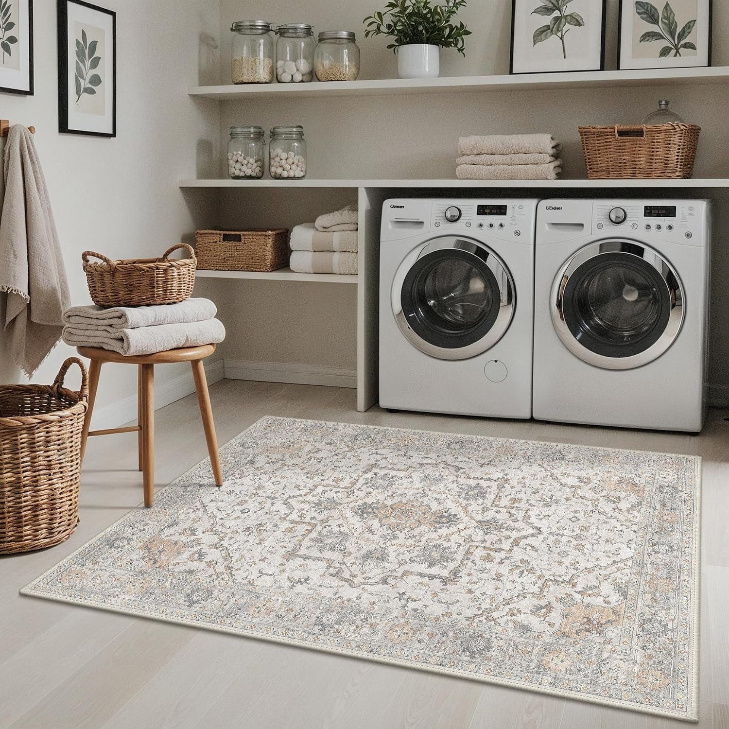 image:imageGENIMO 3x5 Washable Small Area Rug for Bedroom Non Slip Ivory Gray Tan  Vintage Floral Rug Stain Resistant Low Pile and Lightweight for Entryway Kitchen Bathroom and Office Chair Area