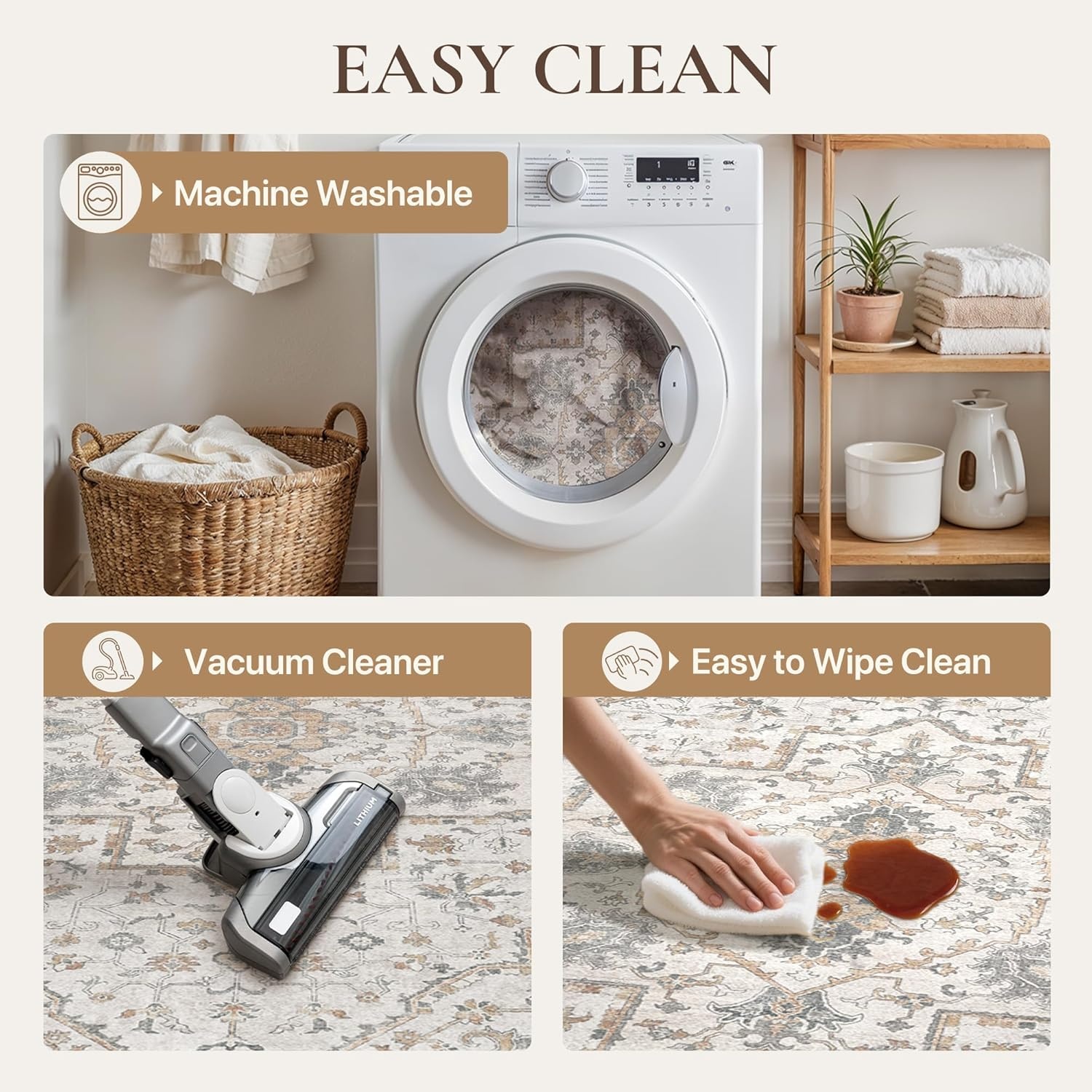 image:imageGENIMO 3x5 Washable Small Area Rug for Bedroom Non Slip Ivory Gray Tan  Vintage Floral Rug Stain Resistant Low Pile and Lightweight for Entryway Kitchen Bathroom and Office Chair Area