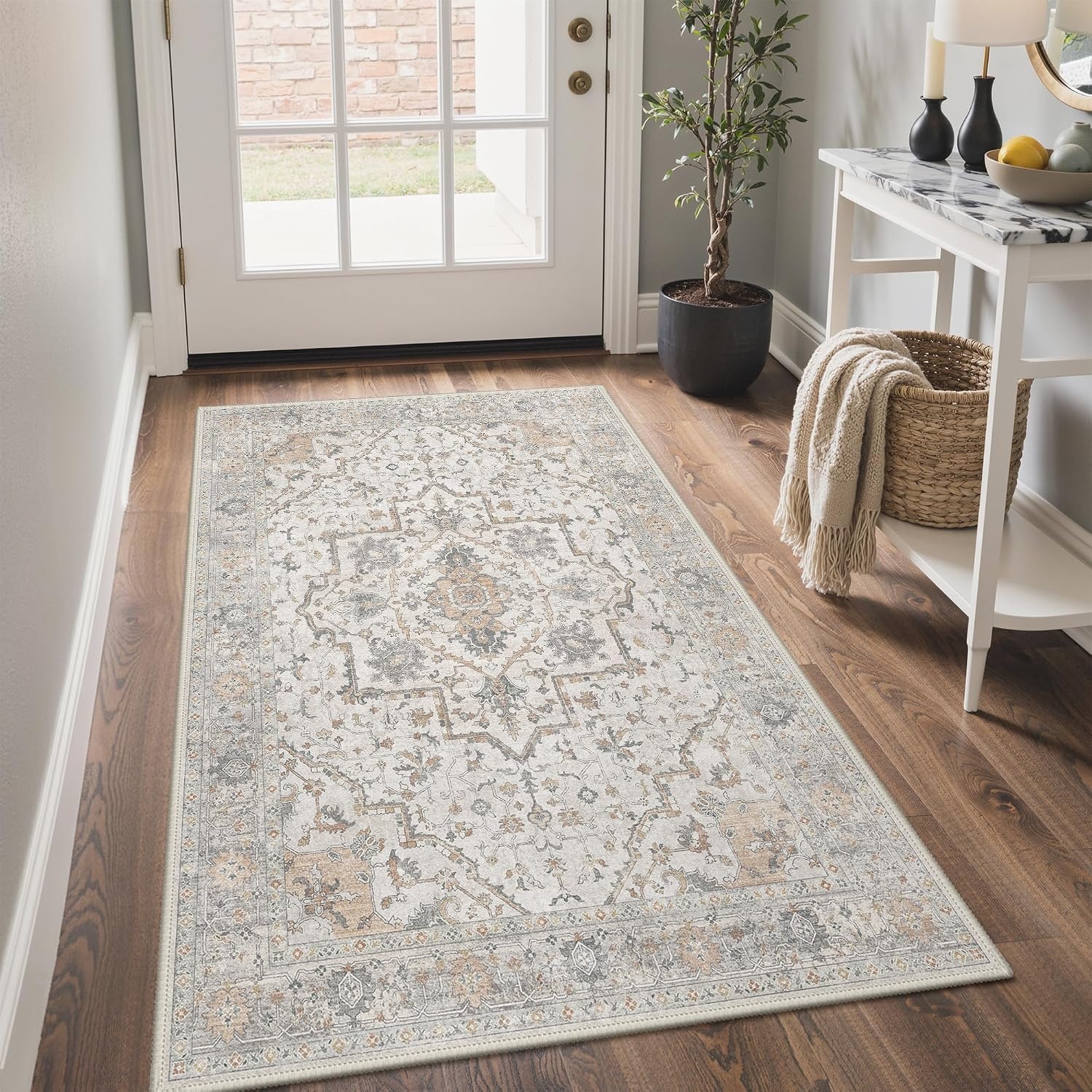 image:imageGENIMO 3x5 Washable Small Area Rug for Bedroom Non Slip Ivory Gray Tan  Vintage Floral Rug Stain Resistant Low Pile and Lightweight for Entryway Kitchen Bathroom and Office Chair Area