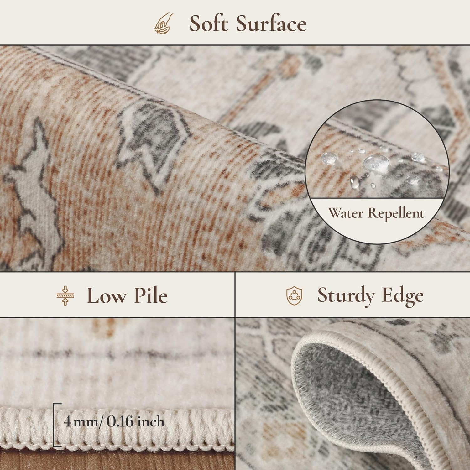 image:imageGENIMO 3x5 Washable Small Area Rug for Bedroom Non Slip Ivory Gray Tan  Vintage Floral Rug Stain Resistant Low Pile and Lightweight for Entryway Kitchen Bathroom and Office Chair Area