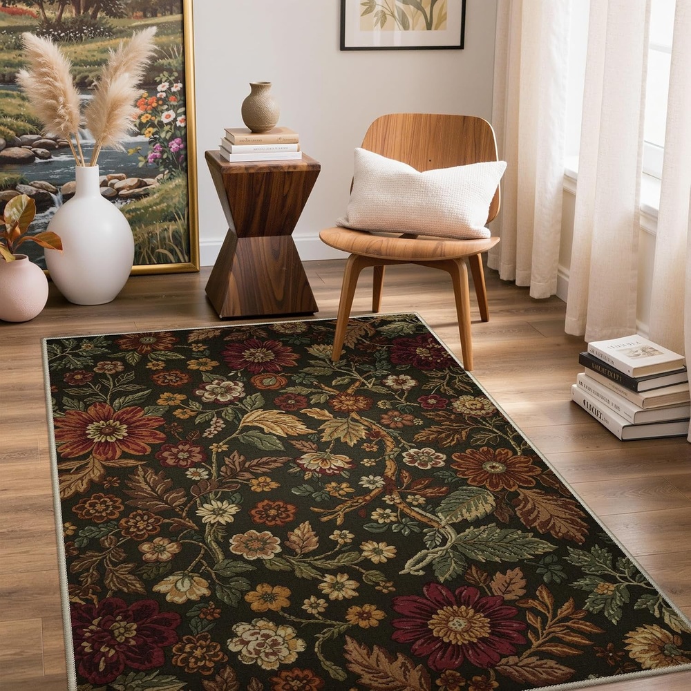 image:imageGENIMO 3x5 Washable Small Area Rug for Bedroom Non Slip Black Red Gold  Vintage Floral Rug Stain Resistant Low Pile and Lightweight for Entryway Kitchen Bathroom and Office Chair Area