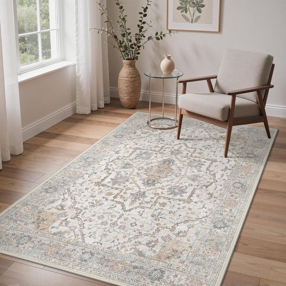 image:imageGENIMO 3x5 Washable Small Area Rug for Bedroom Non Slip Ivory Gray Tan  Vintage Floral Rug Stain Resistant Low Pile and Lightweight for Entryway Kitchen Bathroom and Office Chair Area