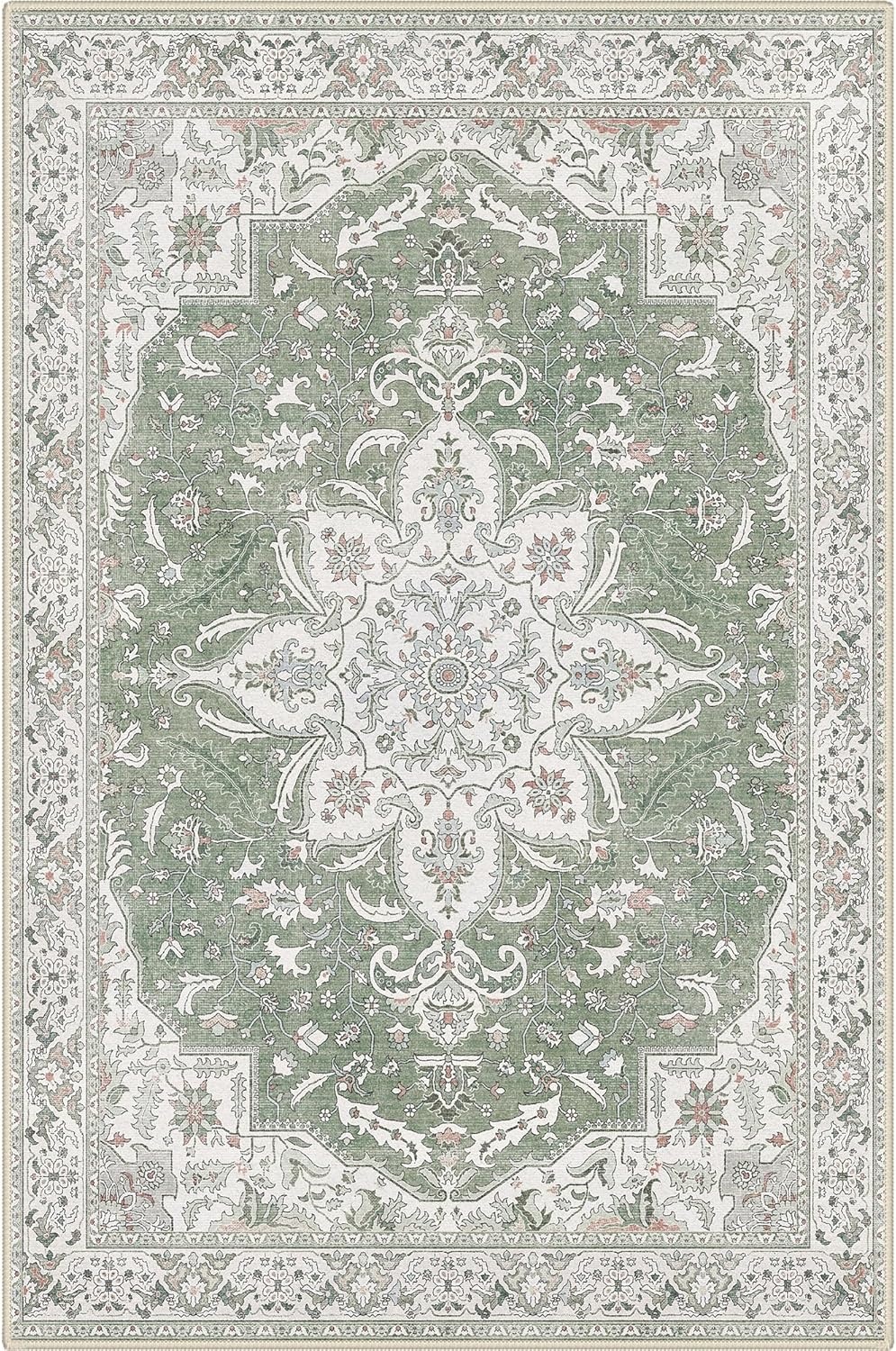 image:imageGENIMO 5x7 Washable Area Rugs for Living Room Non Slip Sage Green Ivory Vintage Floral Rug Stain Resistant Low Pile and Lightweight for Bedroom Dining Room and Home Office