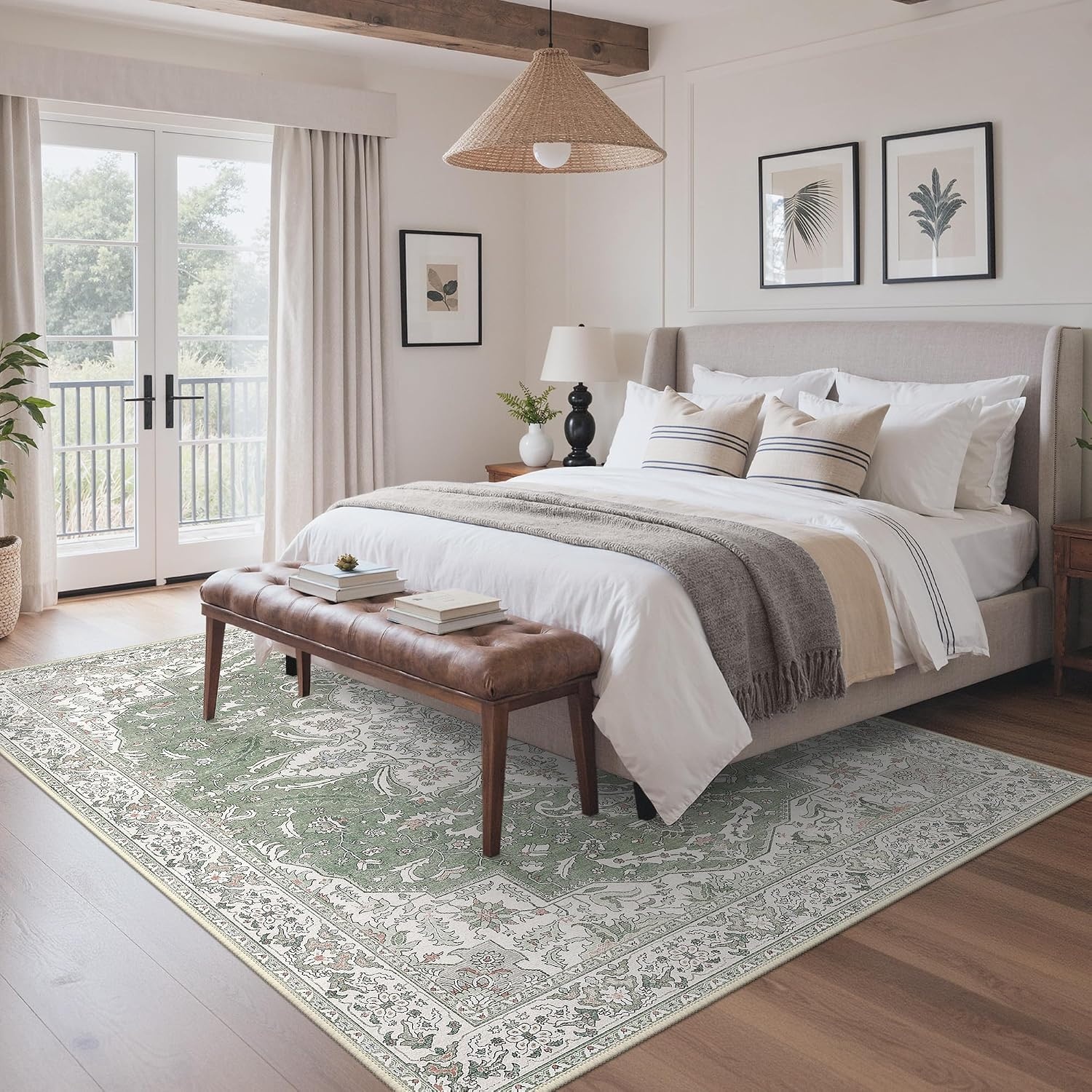image:imageGENIMO 5x7 Washable Area Rugs for Living Room Non Slip Sage Green Ivory Vintage Floral Rug Stain Resistant Low Pile and Lightweight for Bedroom Dining Room and Home Office