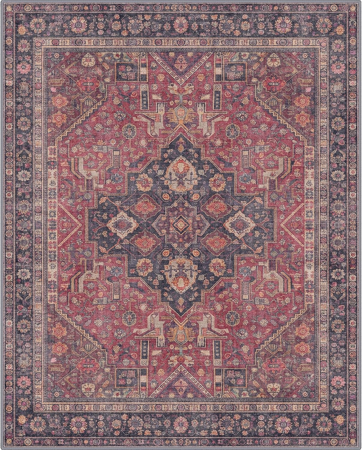 image:imageGENIMO 8x10 Washable Area Rugs for Living Room Non Slip Red Navy Blue Large Vintage Floral Rug Stain Resistant Low Pile and Lightweight for Bedroom Dining Room and Home Office