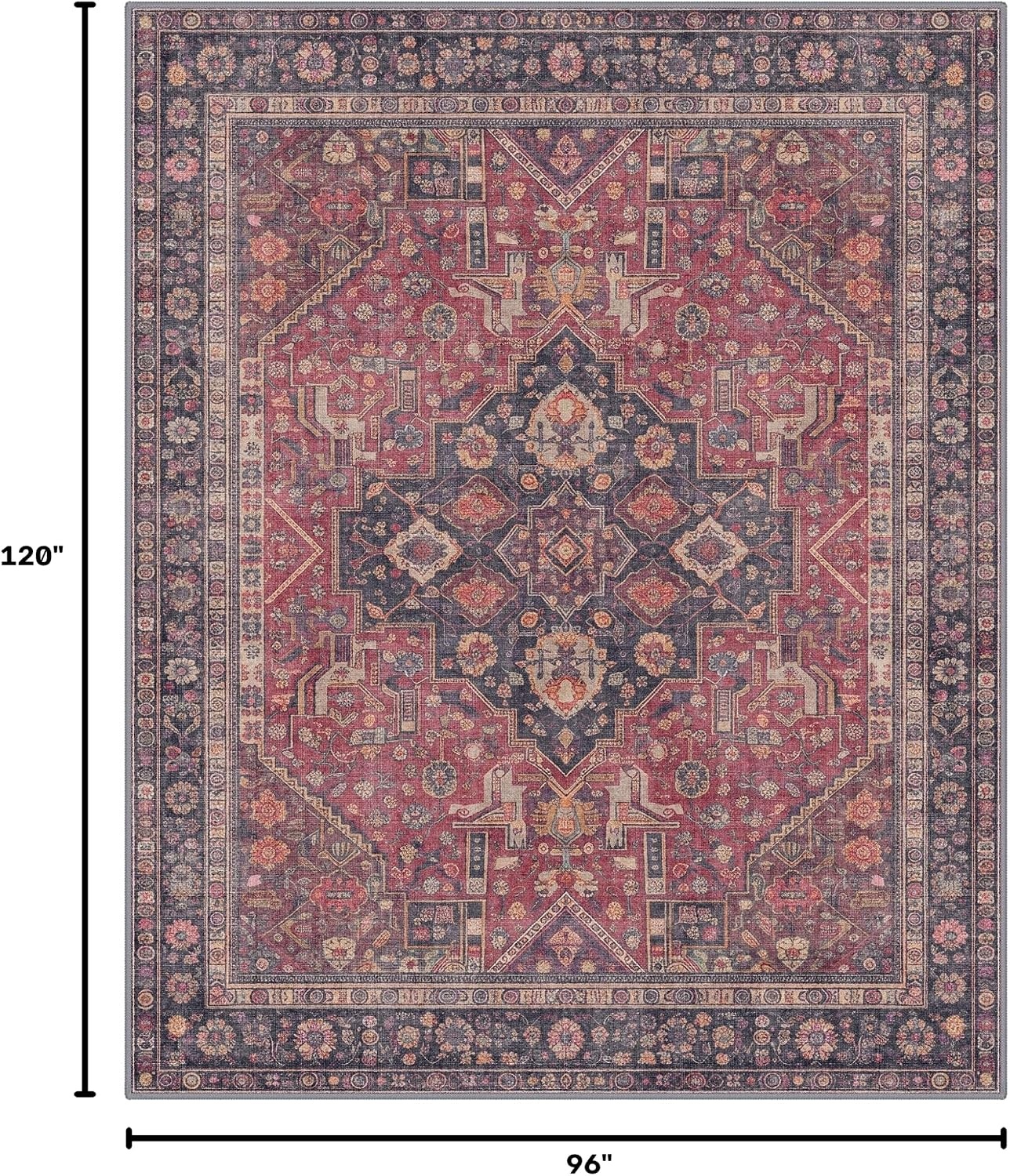 image:imageGENIMO 8x10 Washable Area Rugs for Living Room Non Slip Red Navy Blue Large Vintage Floral Rug Stain Resistant Low Pile and Lightweight for Bedroom Dining Room and Home Office
