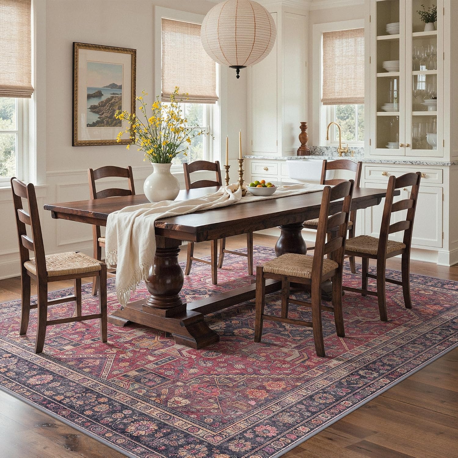 image:imageGENIMO 8x10 Washable Area Rugs for Living Room Non Slip Red Navy Blue Large Vintage Floral Rug Stain Resistant Low Pile and Lightweight for Bedroom Dining Room and Home Office