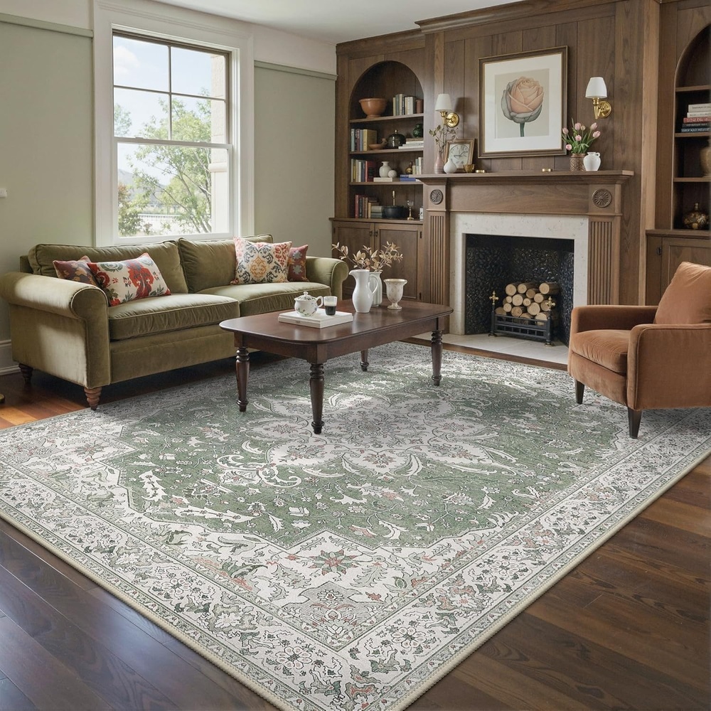 image:imageGENIMO 5x7 Washable Area Rugs for Living Room Non Slip Sage Green Ivory Vintage Floral Rug Stain Resistant Low Pile and Lightweight for Bedroom Dining Room and Home Office