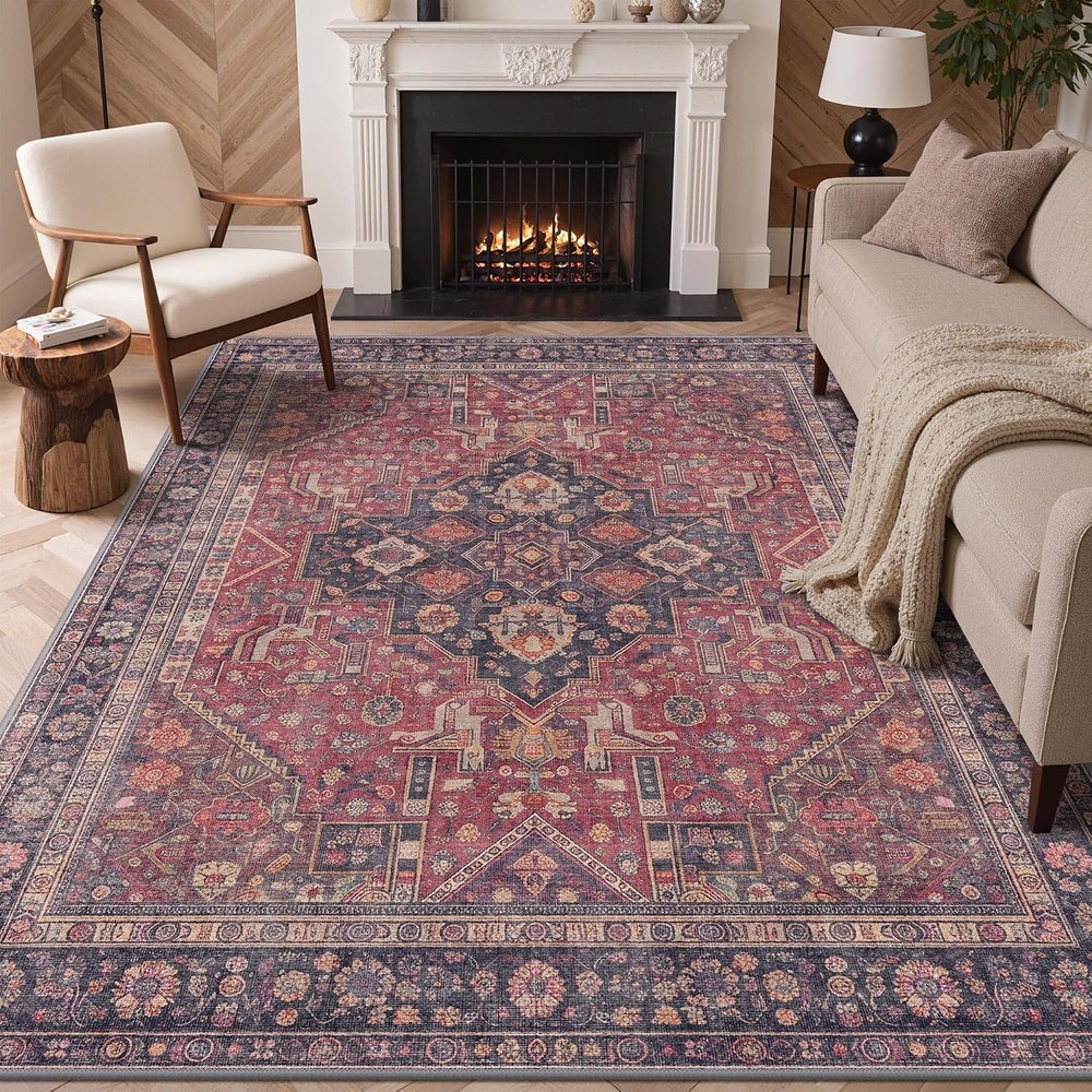 image:imageGENIMO 8x10 Washable Area Rugs for Living Room Non Slip Red Navy Blue  Large Vintage Floral Rug Stain Resistant Low Pile and Lightweight for Bedroom Dining Room and Home Office