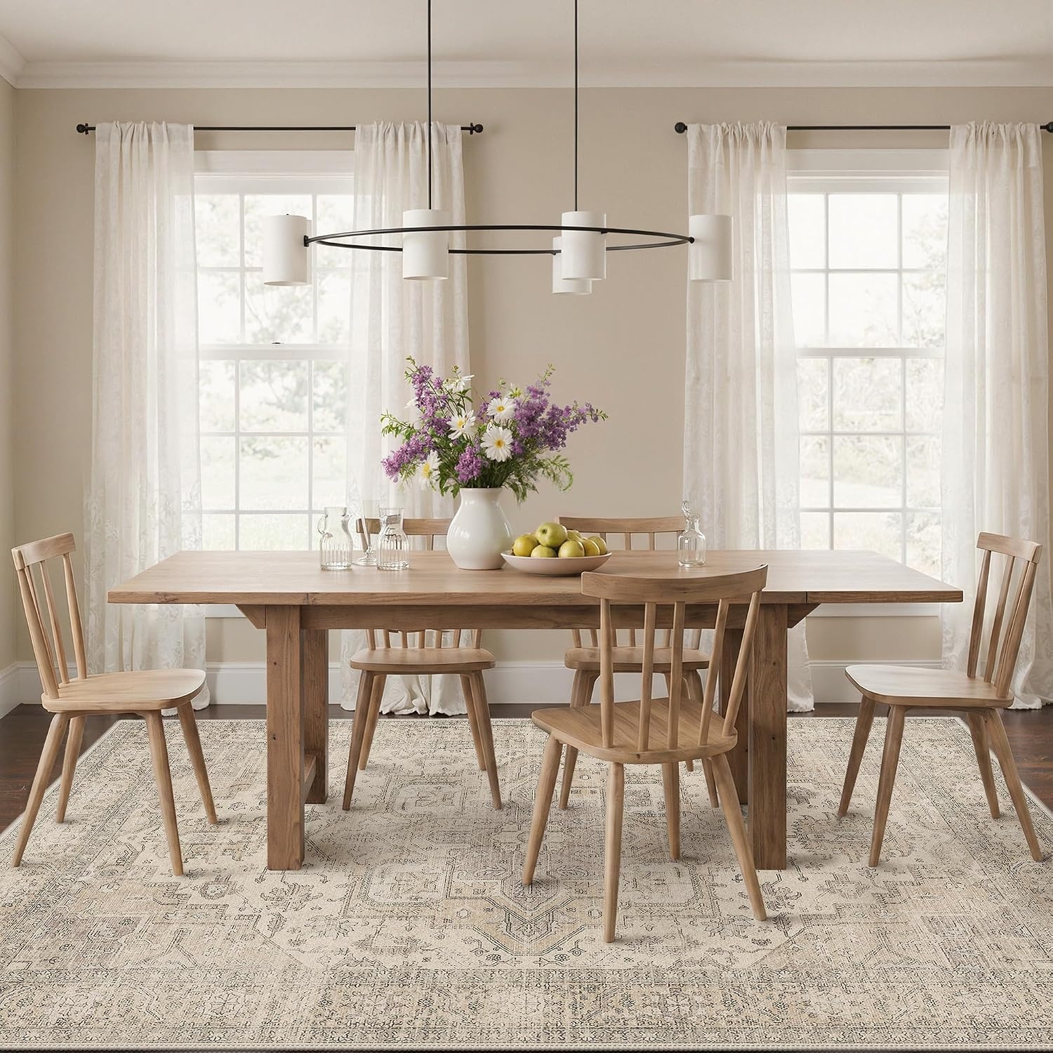 image:imageGENIMO 5x7 Washable Area Rugs for Living Room Non Slip Beige Ivory Vintage Floral Rug Stain Resistant Low Pile and Lightweight for Bedroom Dining Room and Home Office