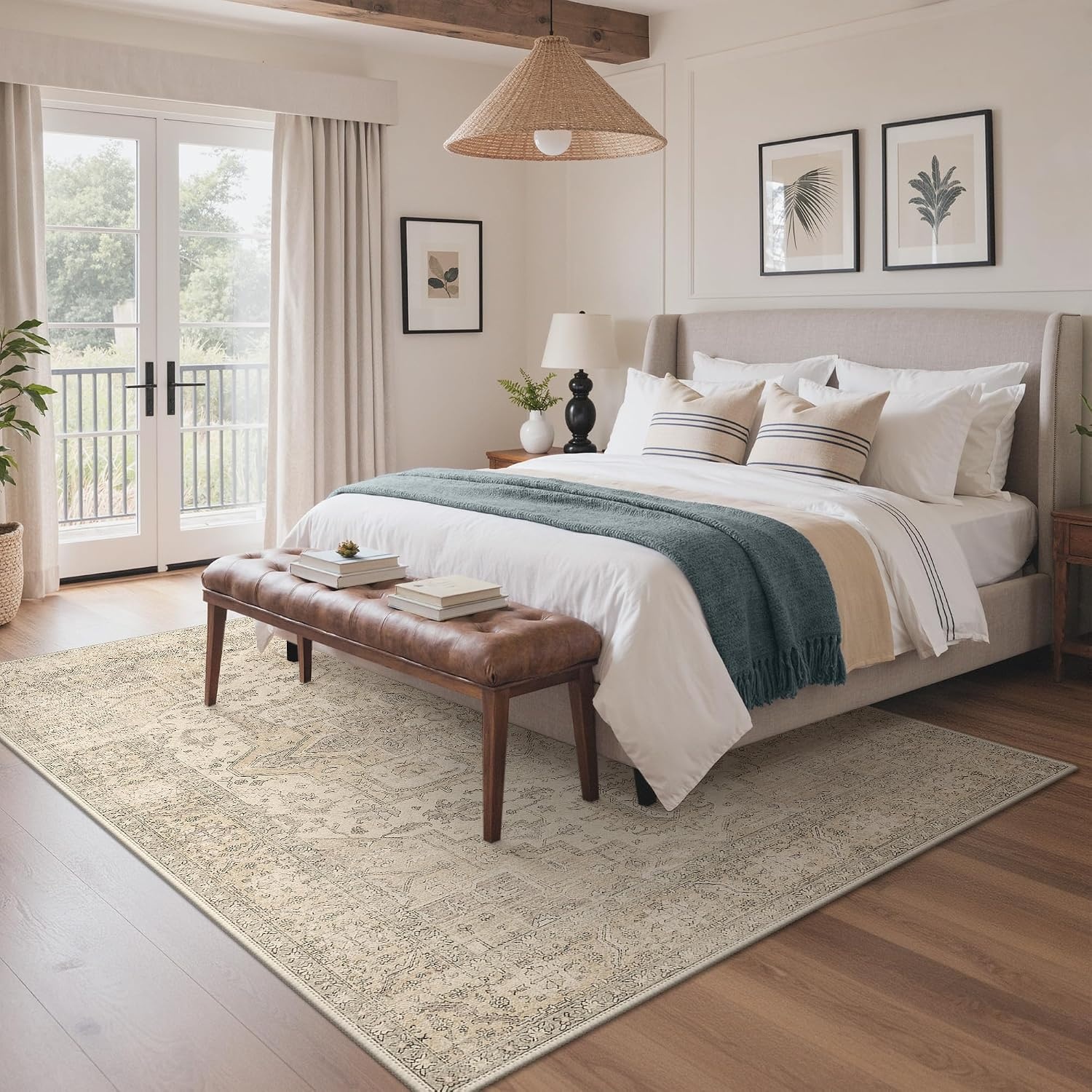 image:imageGENIMO 5x7 Washable Area Rugs for Living Room Non Slip Beige Ivory Vintage Floral Rug Stain Resistant Low Pile and Lightweight for Bedroom Dining Room and Home Office