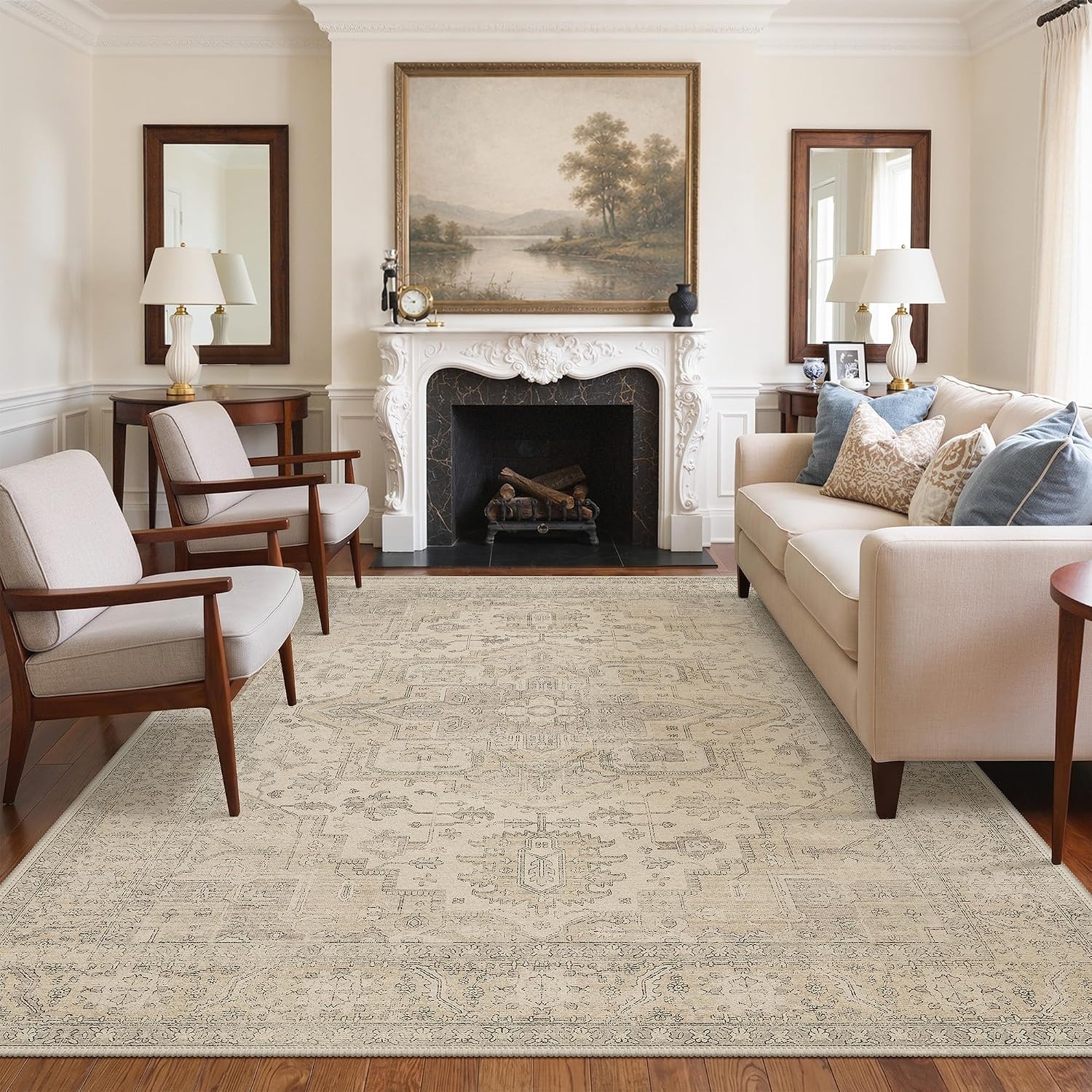image:imageGENIMO 5x7 Washable Area Rugs for Living Room Non Slip Beige Ivory Vintage Floral Rug Stain Resistant Low Pile and Lightweight for Bedroom Dining Room and Home Office