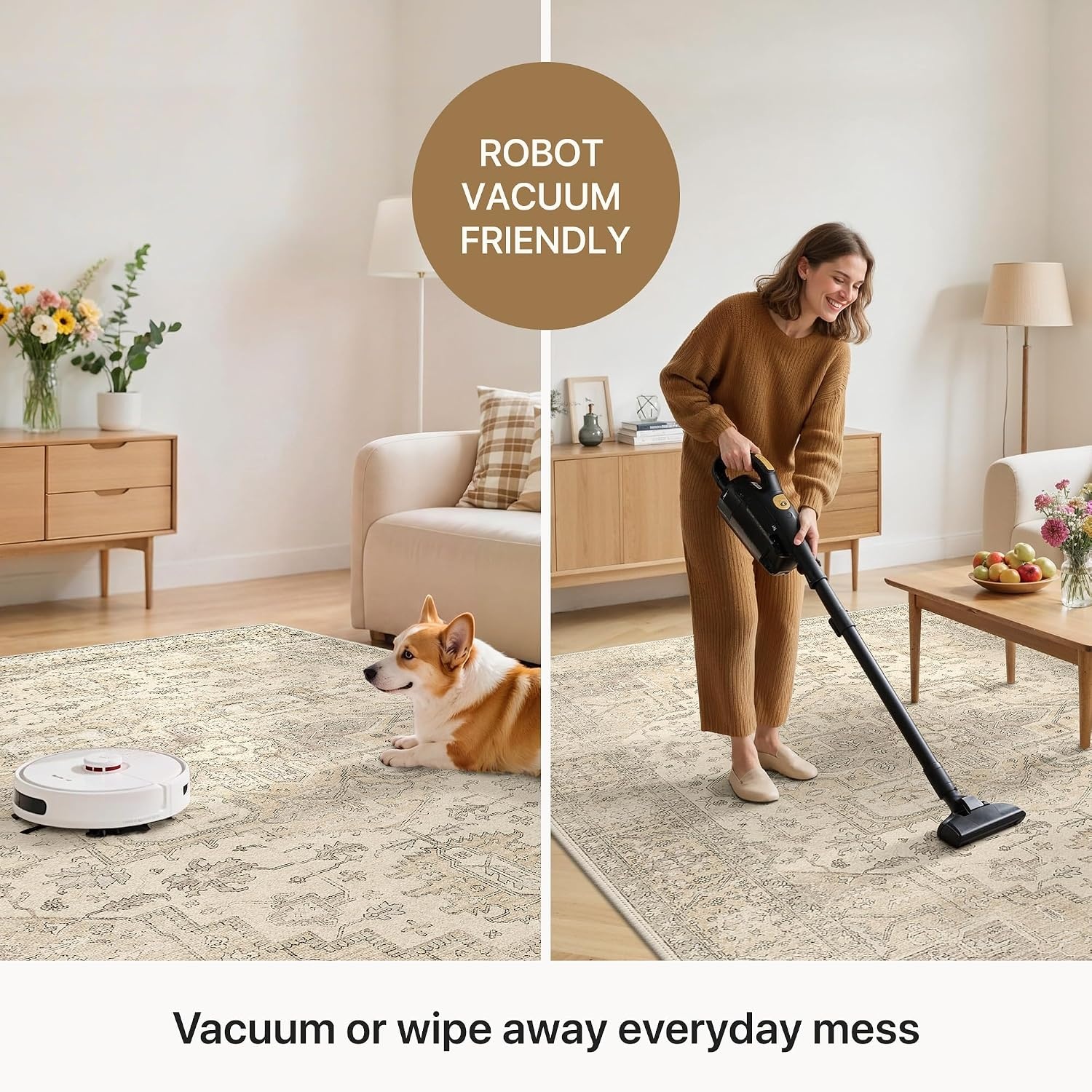 image:imageGENIMO 5x7 Washable Area Rugs for Living Room Non Slip Beige Ivory Vintage Floral Rug Stain Resistant Low Pile and Lightweight for Bedroom Dining Room and Home Office