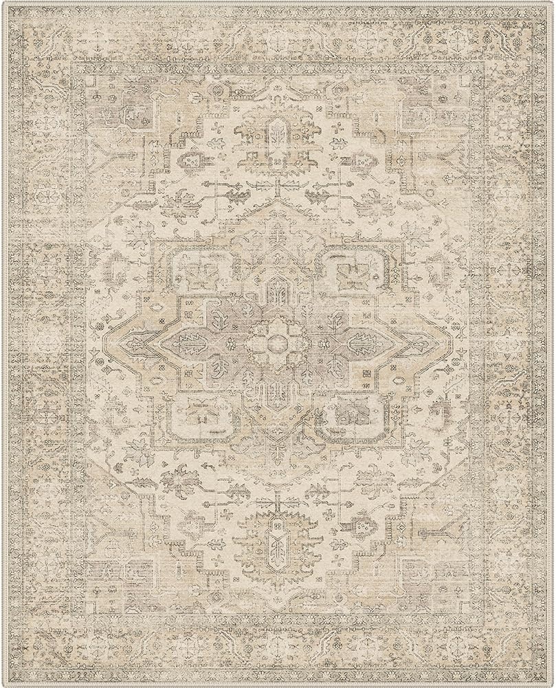 image:imageGENIMO 5x7 Washable Area Rugs for Living Room Non Slip Beige Ivory Vintage Floral Rug Stain Resistant Low Pile and Lightweight for Bedroom Dining Room and Home Office