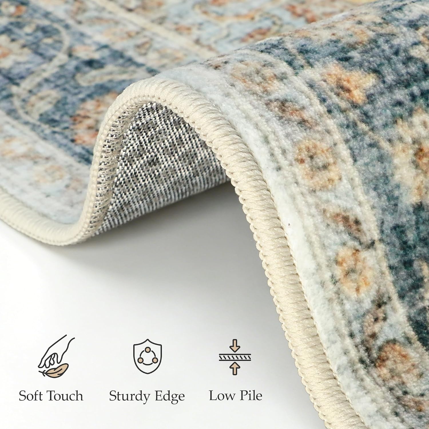image:imageGENIMO 5x7 Washable Area Rugs for Living Room Non Slip Blue Ivory Brown Vintage Floral Rug Stain Resistant Low Pile and Lightweight for Bedroom Dining Room and Home Office