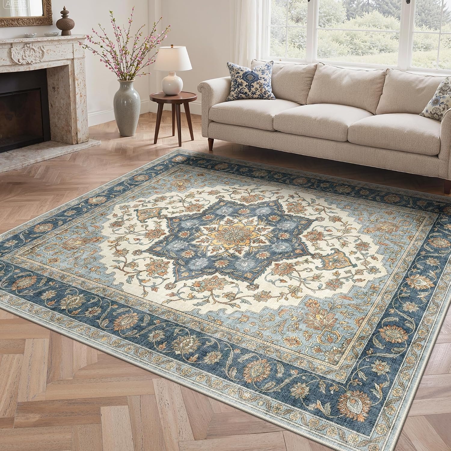 image:imageGENIMO 5x7 Washable Area Rugs for Living Room Non Slip Blue Ivory Brown Vintage Floral Rug Stain Resistant Low Pile and Lightweight for Bedroom Dining Room and Home Office