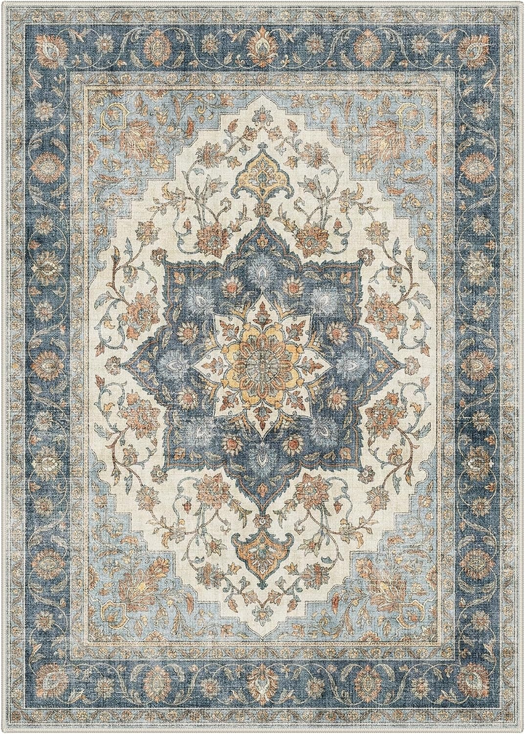 image:imageGENIMO 5x7 Washable Area Rugs for Living Room Non Slip Blue Ivory Brown Vintage Floral Rug Stain Resistant Low Pile and Lightweight for Bedroom Dining Room and Home Office