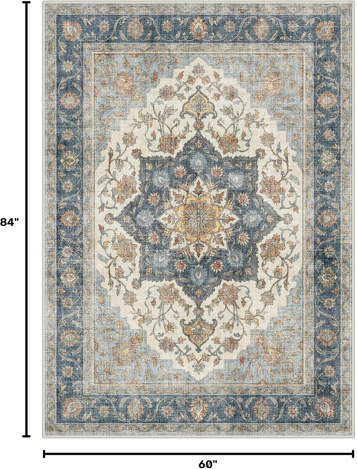 image:imageGENIMO 5x7 Washable Area Rugs for Living Room Non Slip Blue Ivory Brown Vintage Floral Rug Stain Resistant Low Pile and Lightweight for Bedroom Dining Room and Home Office