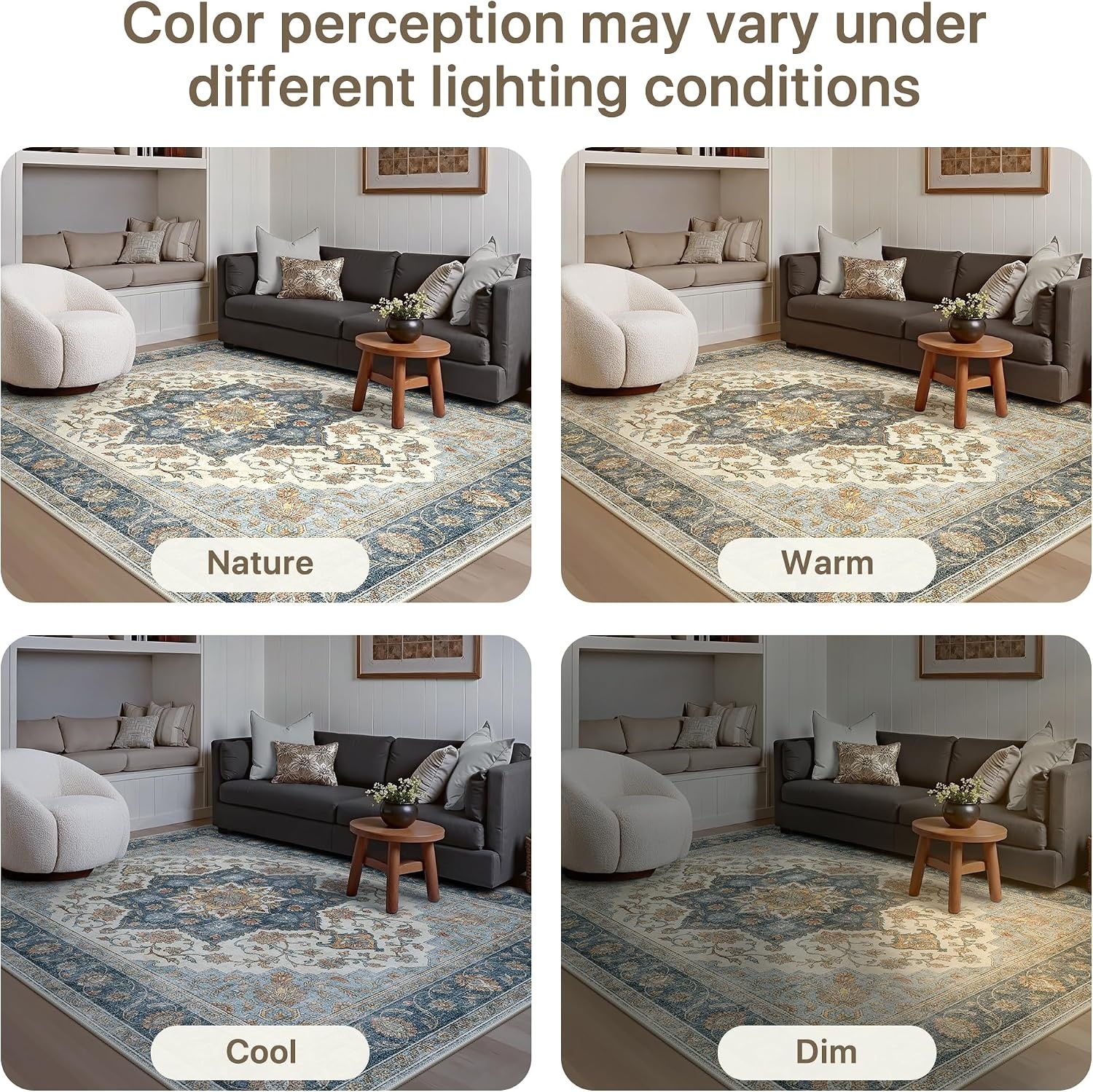 image:imageGENIMO 5x7 Washable Area Rugs for Living Room Non Slip Blue Ivory Brown Vintage Floral Rug Stain Resistant Low Pile and Lightweight for Bedroom Dining Room and Home Office