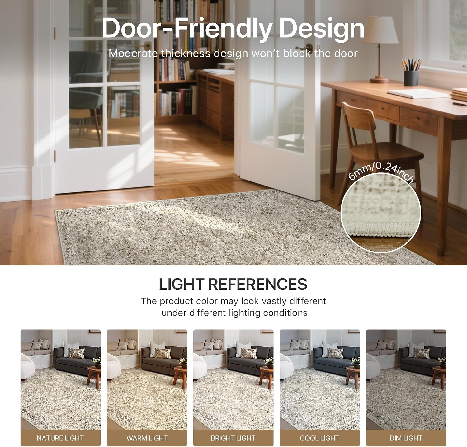 image:imageGENIMO 5x7 Washable Area Rugs for Living Room Non Slip Cream Brown Vintage Floral Rug Stain Resistant Low Pile and Lightweight for Bedroom Dining Room and Home Office