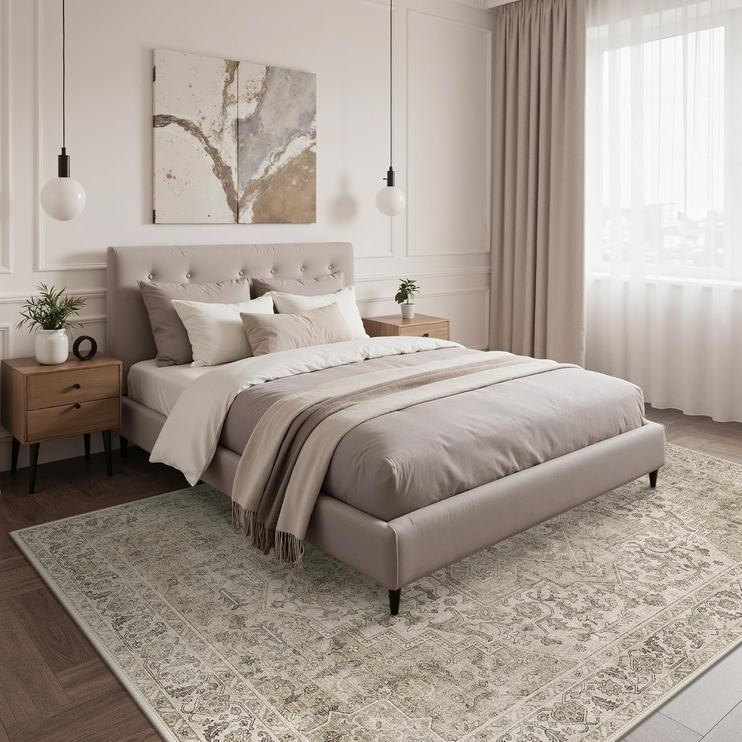 image:imageGENIMO 5x7 Washable Area Rugs for Living Room Non Slip Cream Brown Vintage Floral Rug Stain Resistant Low Pile and Lightweight for Bedroom Dining Room and Home Office