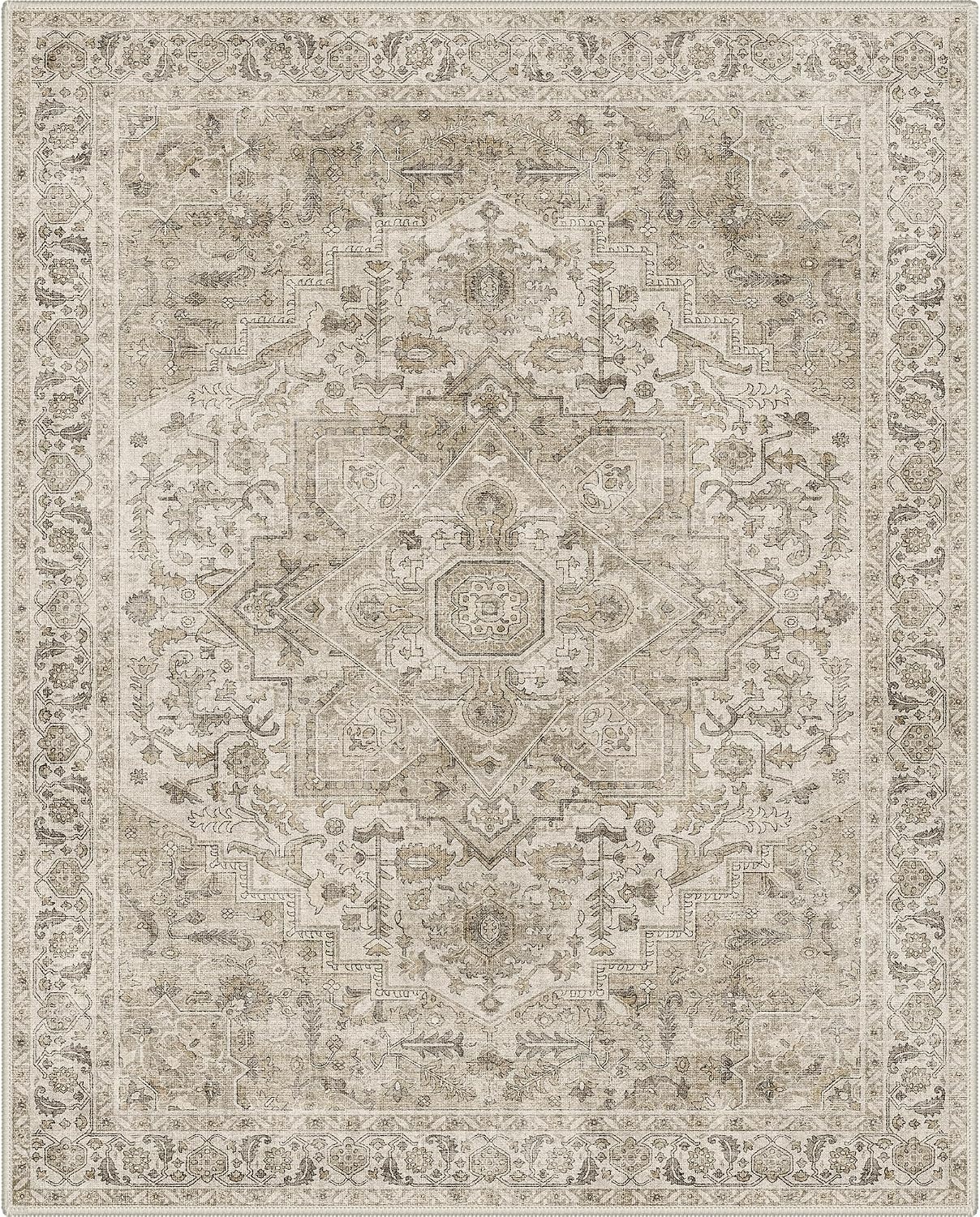 image:imageGENIMO 5x7 Washable Area Rugs for Living Room Non Slip Cream Brown Vintage Floral Rug Stain Resistant Low Pile and Lightweight for Bedroom Dining Room and Home Office