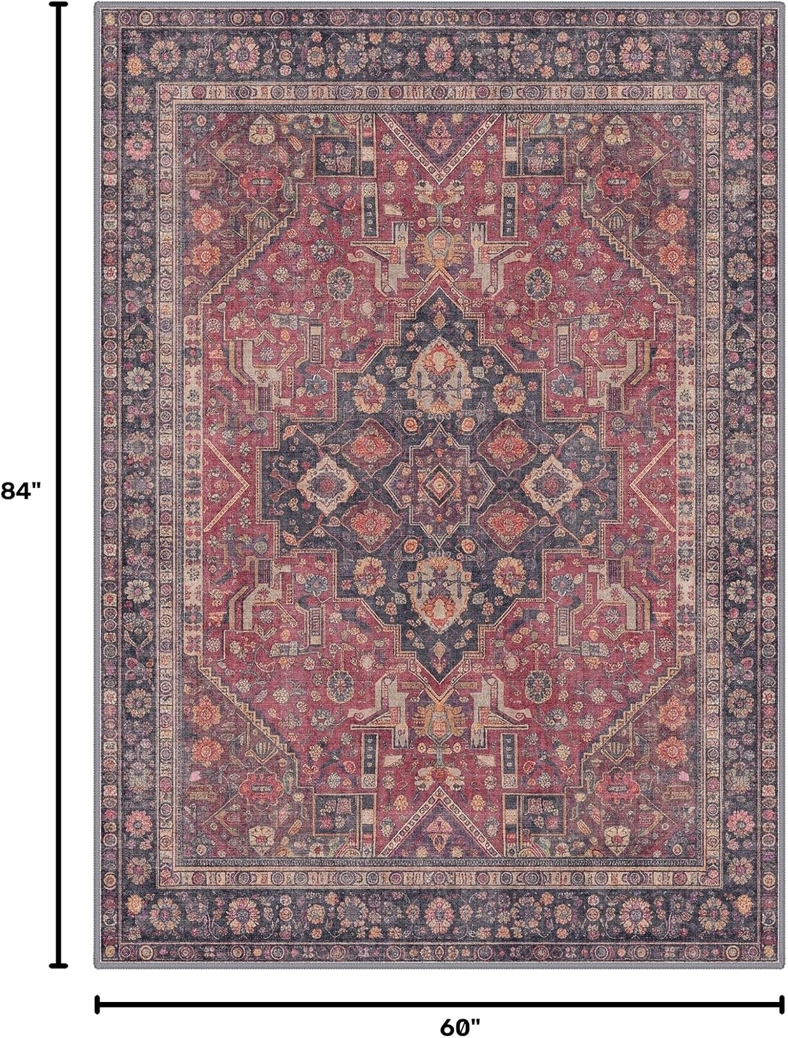 image:imageGENIMO 5x7 Washable Area Rugs for Living Room Non Slip Red Navy Blue Vintage Floral Rug Stain Resistant Low Pile and Lightweight for Bedroom Dining Room and Home Office
