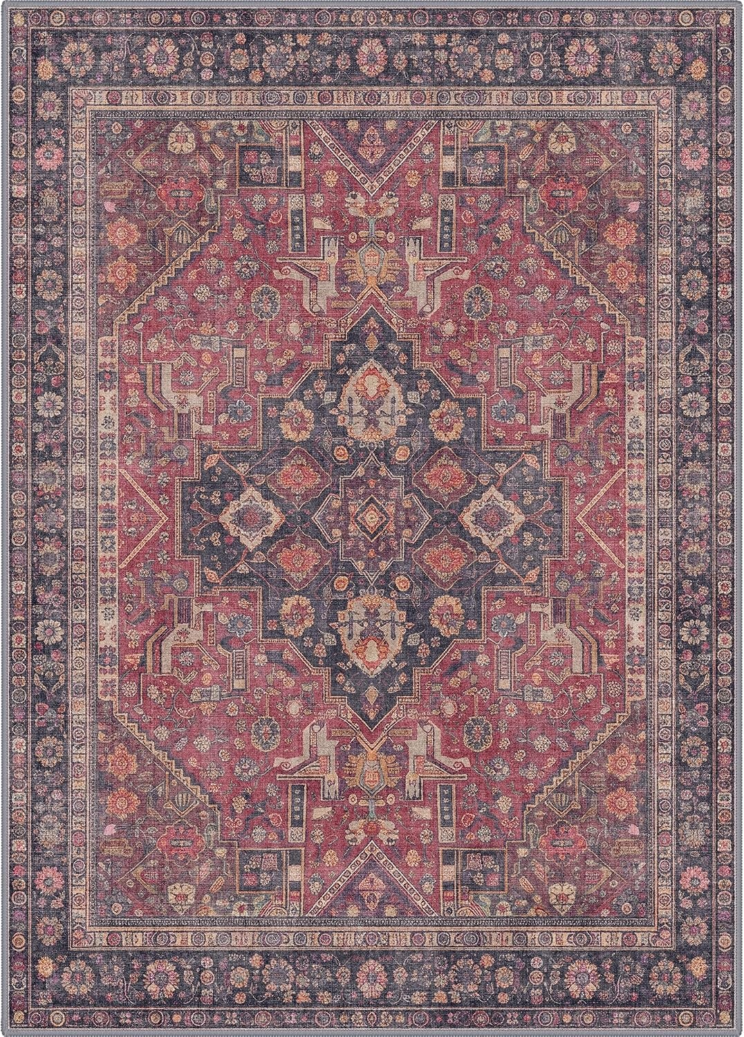 image:imageGENIMO 5x7 Washable Area Rugs for Living Room Non Slip Red Navy Blue Vintage Floral Rug Stain Resistant Low Pile and Lightweight for Bedroom Dining Room and Home Office