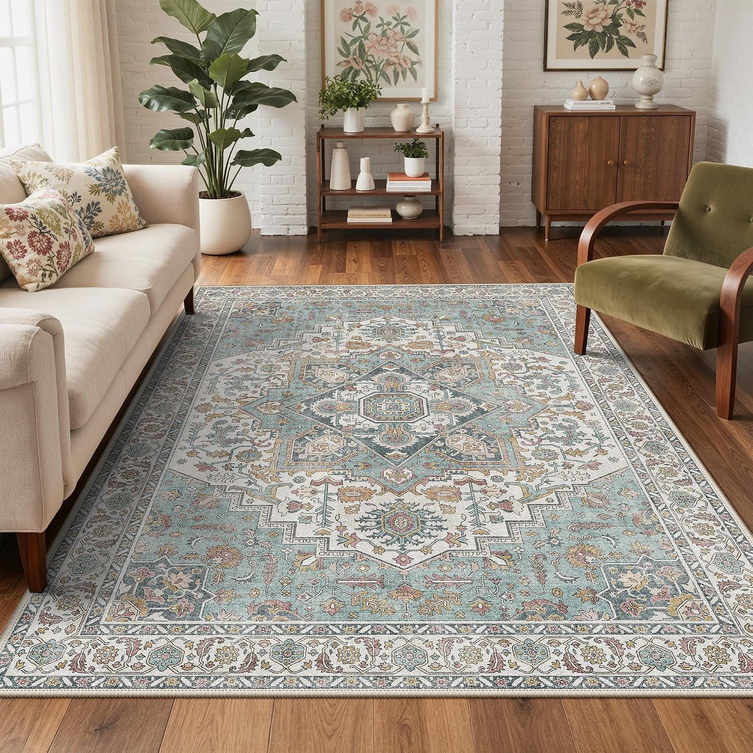 image:imageGENIMO 5x7 Washable Area Rugs for Living Room Non Slip Teal Ivory Rust Vintage Floral Rug Stain Resistant Low Pile and Lightweight for Bedroom Dining Room and Home Office