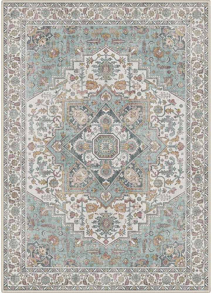 image:imageGENIMO 5x7 Washable Area Rugs for Living Room Non Slip Teal Ivory Rust Vintage Floral Rug Stain Resistant Low Pile and Lightweight for Bedroom Dining Room and Home Office
