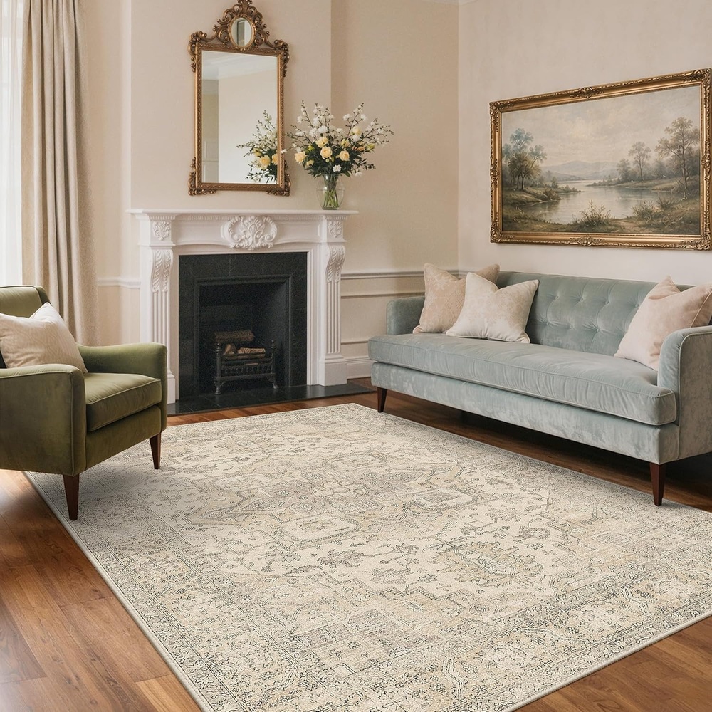 image:imageGENIMO 5x7 Washable Area Rugs for Living Room Non Slip Beige Ivory Vintage Floral Rug Stain Resistant Low Pile and Lightweight for Bedroom Dining Room and Home Office