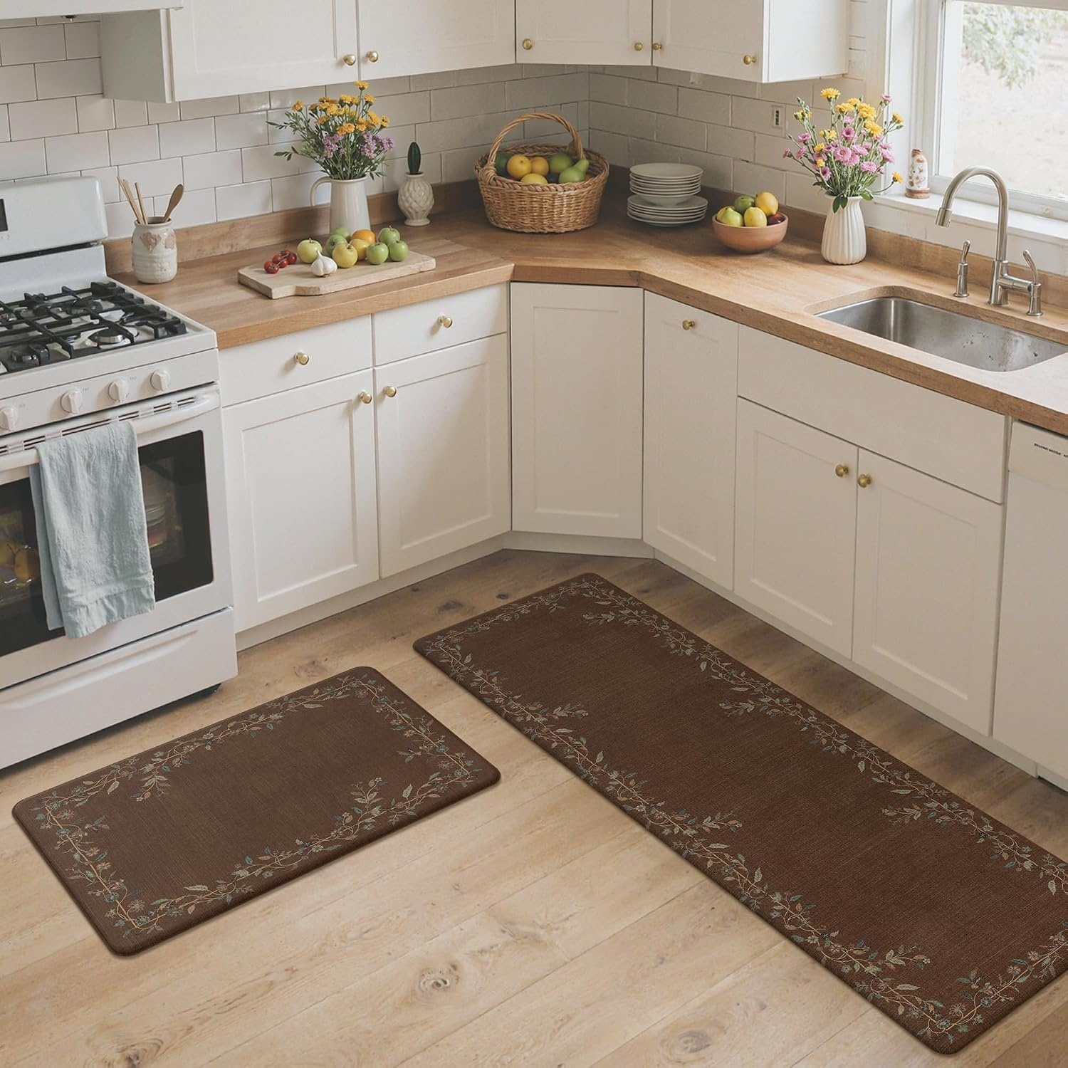 image:imageGENIMO Anti Fatigue Kitchen Mats for Floor 2PCS Cushioned Standing Mats 173x47amp173x30 Jet Black vintage floral rug set waterproof non slip easyclean for farmhouseRed Brown