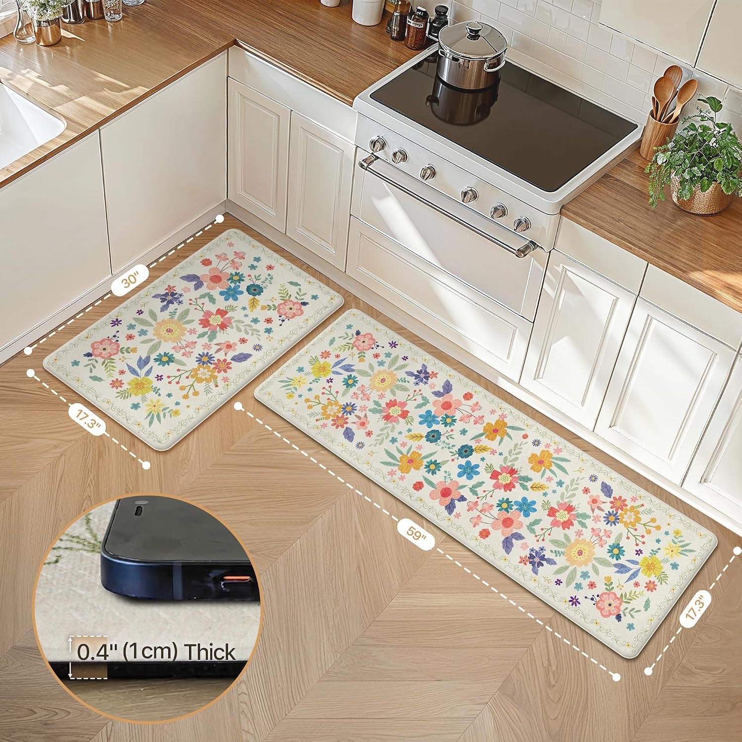 image:imageGENIMO Anti Fatigue Kitchen Mats for Floor 2PCS Cushioned Standing Mats  173x47amp173x30 Jet Black vintage floral rug set waterproof non slip easyclean for farmhouseSoftwhite