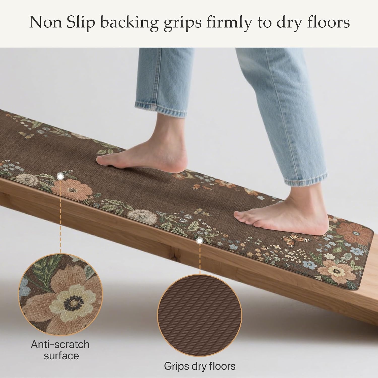 image:imageGENIMO Anti Fatigue Kitchen Mats for Floor 2PCS Cushioned Standing Mats 173x47amp173x30 Jet Black vintage floral rug set waterproof non slip easyclean for farmhouseLight Brown