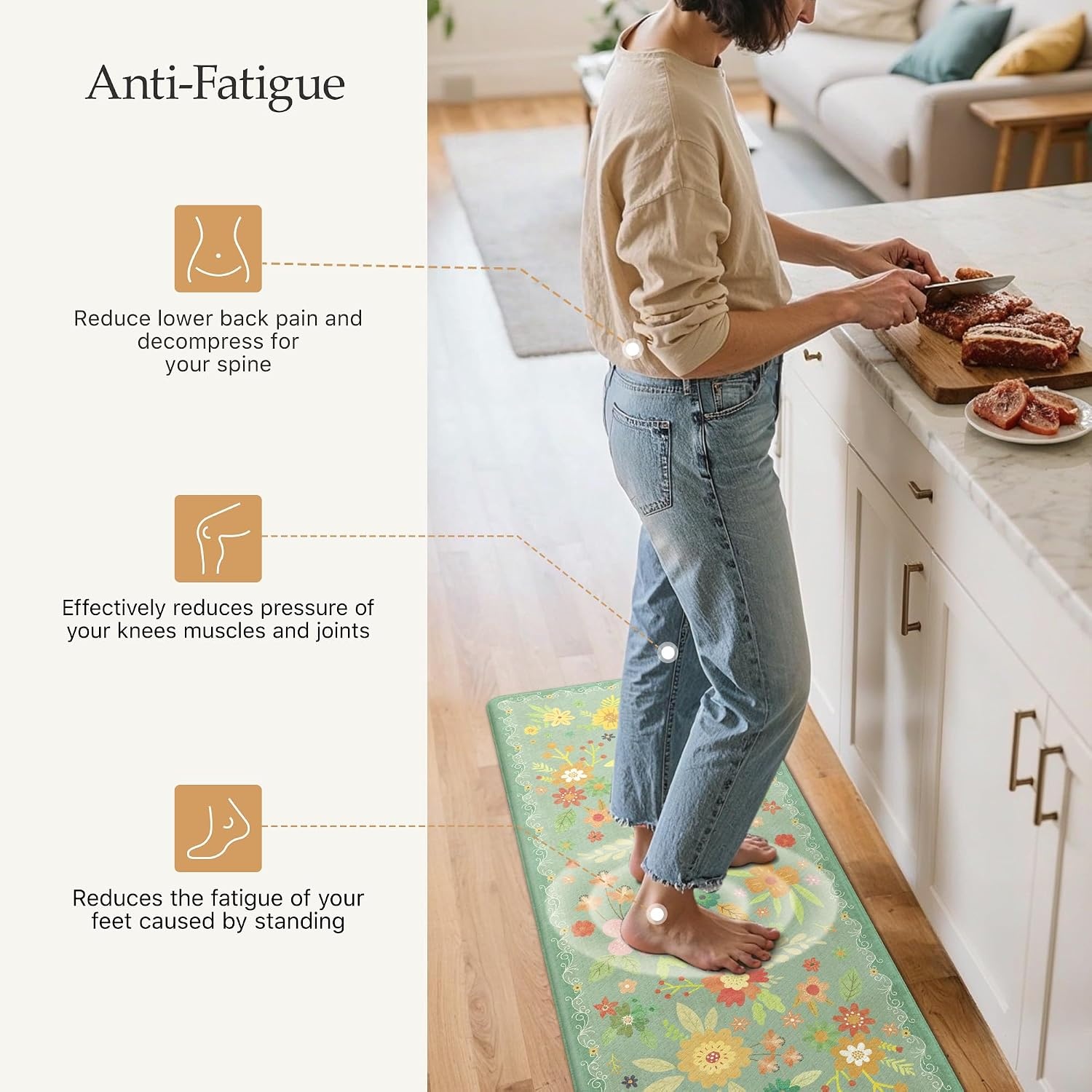 image:imageGENIMO Anti Fatigue Kitchen Mats for Floor 2PCS Cushioned Standing Mats 173x47amp173x30 Jet Black vintage floral rug set waterproof non slip easyclean for farmhouseSage Green