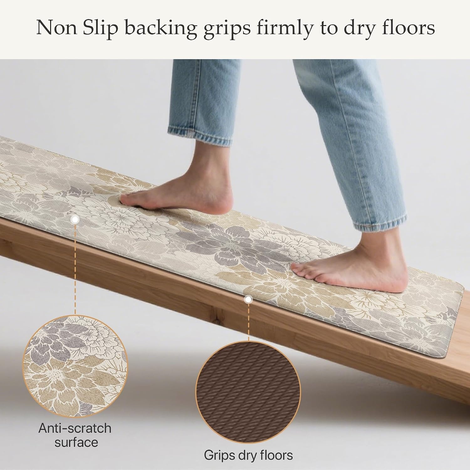 image:imageGENIMO Anti Fatigue Kitchen Mats for Floor 2PCS Cushioned Standing Mats 173x47amp173x30 Jet Black vintage floral rug set waterproof non slip easyclean for farmhouseMilky White
