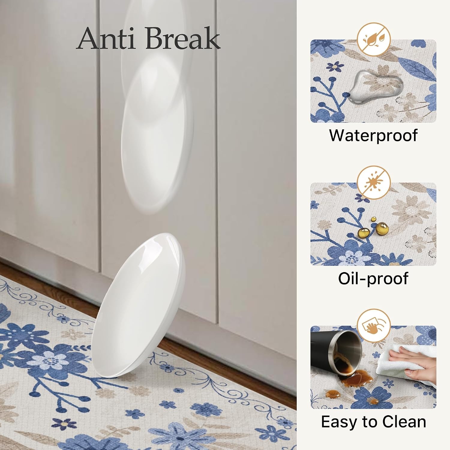 image:imageGENIMO Anti Fatigue Kitchen Mats for Floor 2PCS Cushioned Standing Mats 173x47amp173x30 Jet Black vintage floral rug set waterproof non slip easyclean for farmhouseBeige Blue
