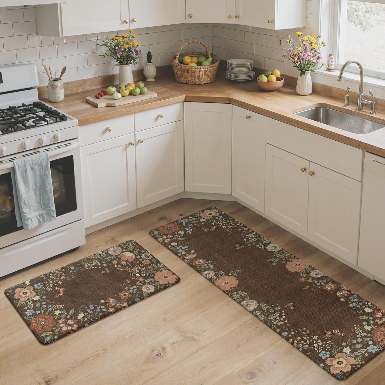 image:imageGENIMO Anti Fatigue Kitchen Mats for Floor 2PCS Cushioned Standing Mats 173x47amp173x30 Jet Black vintage floral rug set waterproof non slip easyclean for farmhouseLight Brown