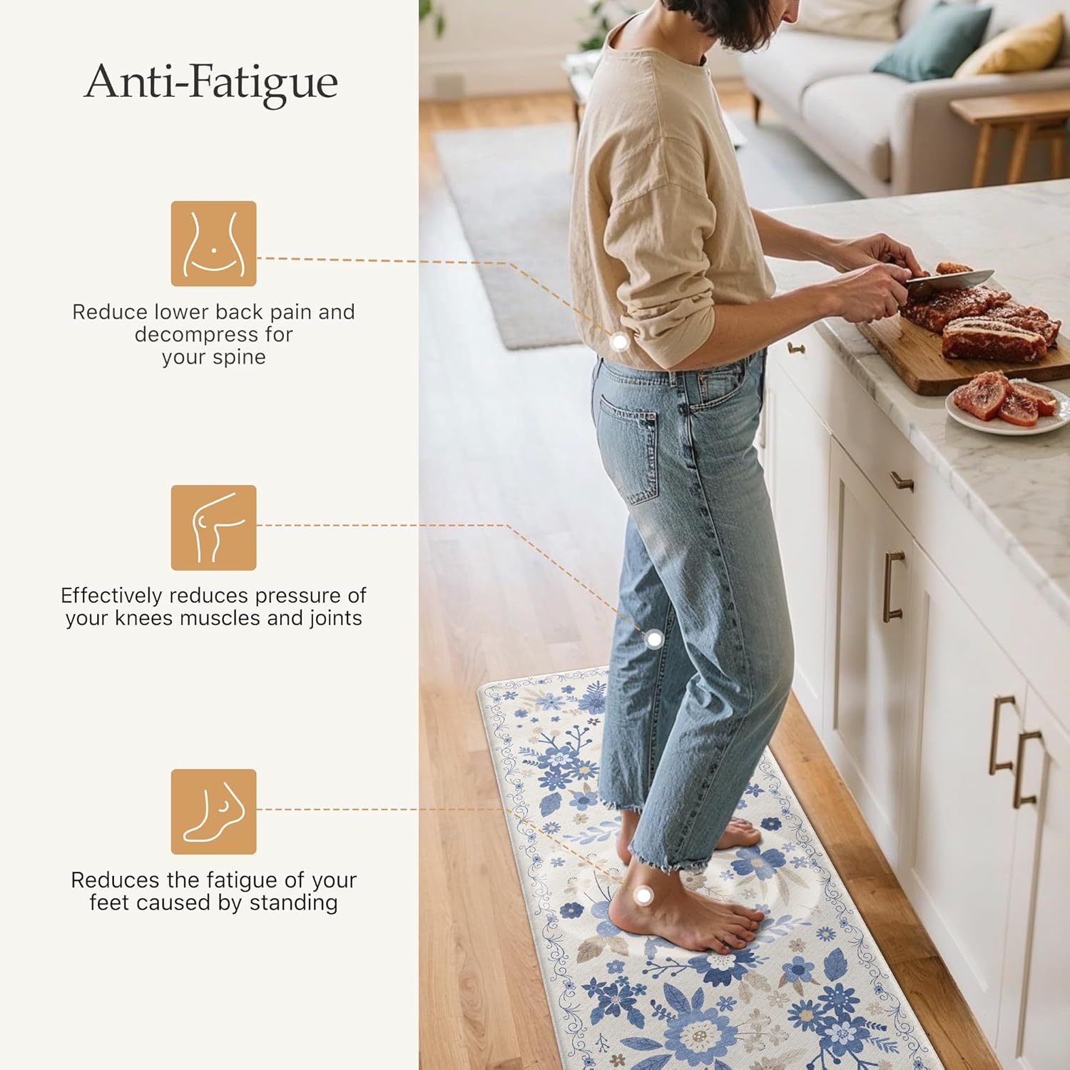 image:imageGENIMO Anti Fatigue Kitchen Mats for Floor 2PCS Cushioned Standing Mats 173x47amp173x30 Jet Black vintage floral rug set waterproof non slip easyclean for farmhouseBeige Blue