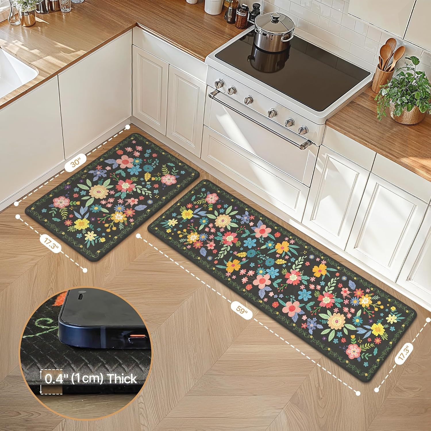 image:imageGENIMO Anti Fatigue Kitchen Mats for Floor 2PCS Cushioned Standing Mats  173x47amp173x30 Jet Black vintage floral rug set waterproof non slip easyclean for farmhouseBlack