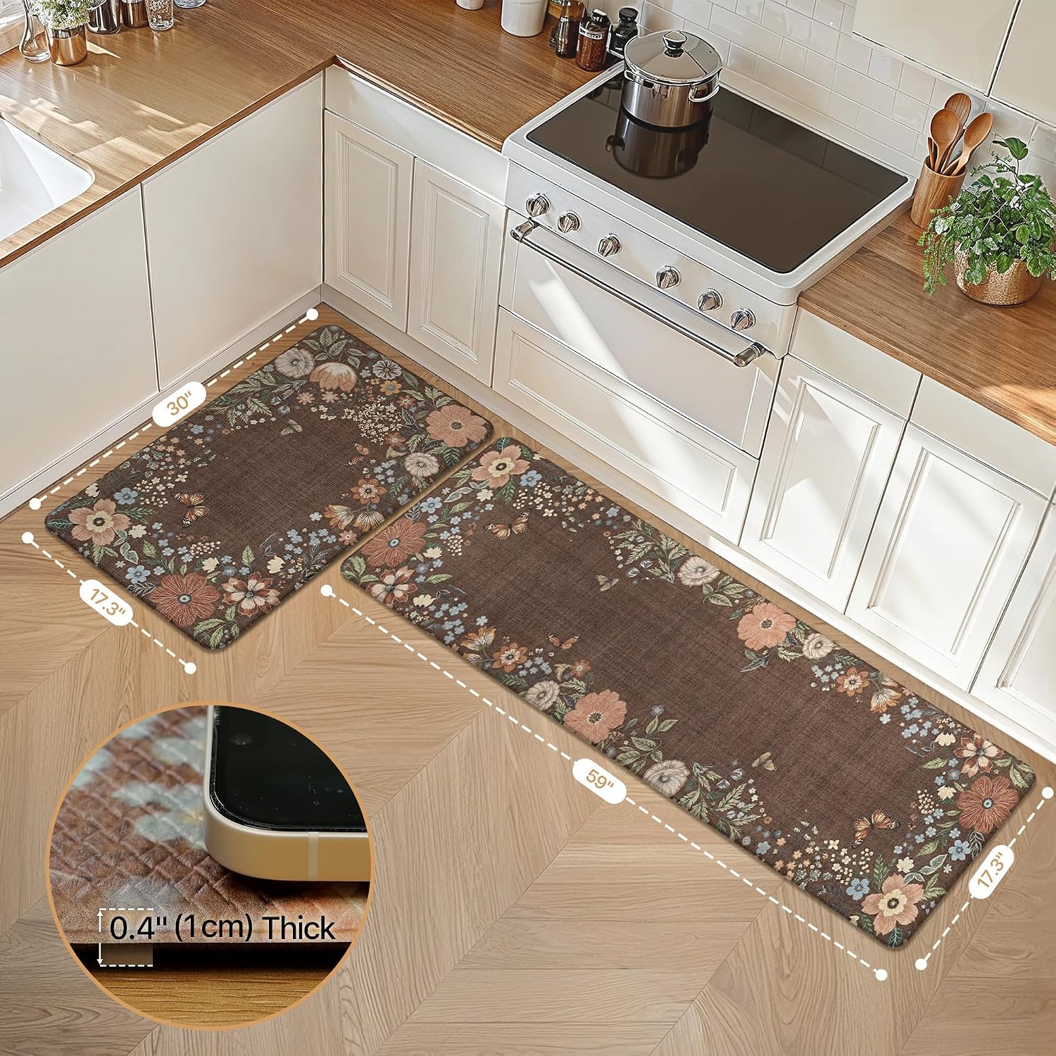 image:imageGENIMO Anti Fatigue Kitchen Mats for Floor 2PCS Cushioned Standing Mats 173x47amp173x30 Jet Black vintage floral rug set waterproof non slip easyclean for farmhouseLight Brown