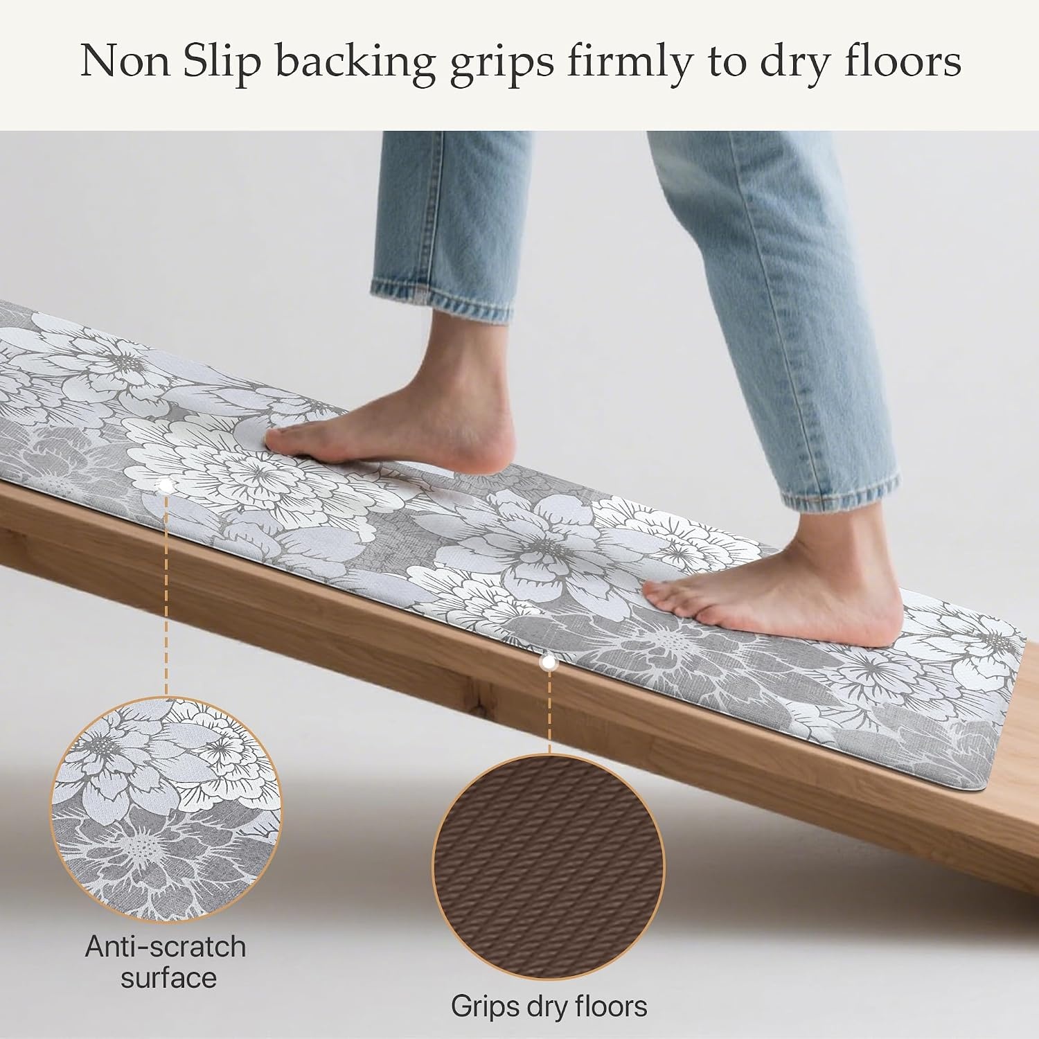 image:imageGENIMO Anti Fatigue Kitchen Mats for Floor 2PCS Cushioned Standing Mats 173x47amp173x30 Jet Black vintage floral rug set waterproof non slip easyclean for farmhouseLavender Grey