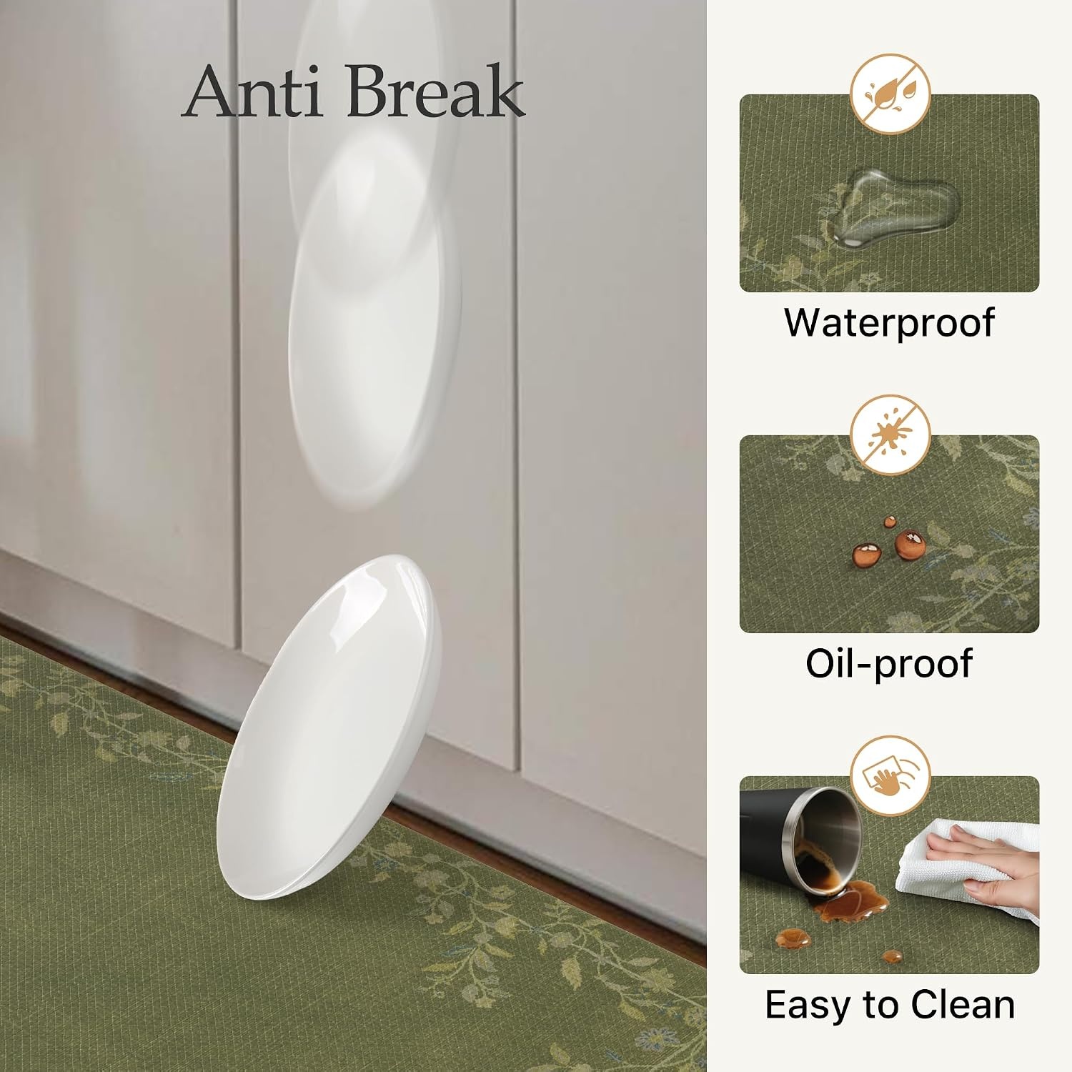 image:imageGENIMO Anti Fatigue Kitchen Mats for Floor 2PCS Cushioned Standing Mats 173x47amp173x30 Jet Black vintage floral rug set waterproof non slip easyclean for farmhouseSoft Green