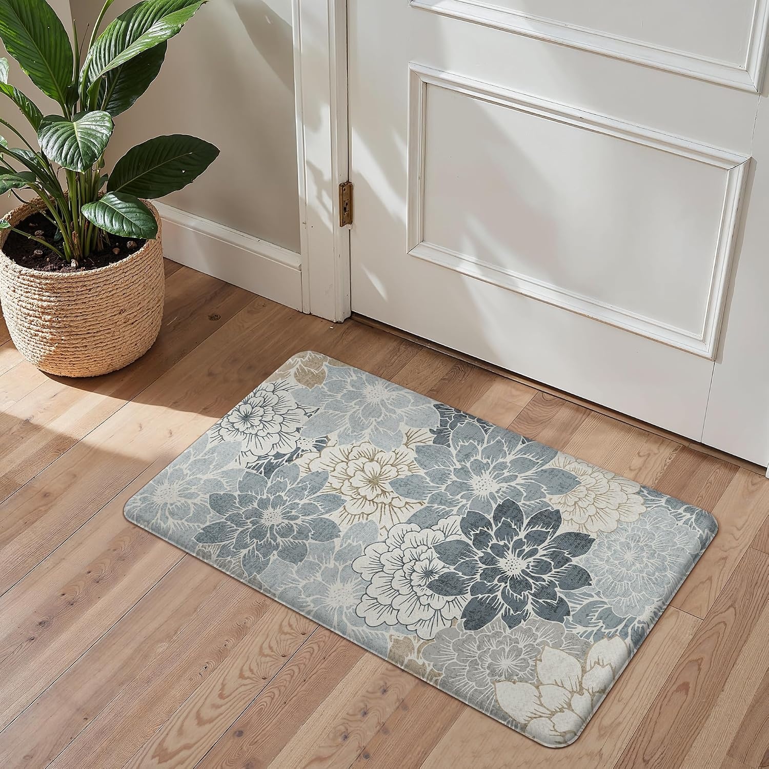 image:imageGENIMO Anti Fatigue Kitchen Mats for Floor 2PCS Cushioned Standing Mats 173x47amp173x30 Jet Black vintage floral rug set waterproof non slip easyclean for farmhouseLight Blue