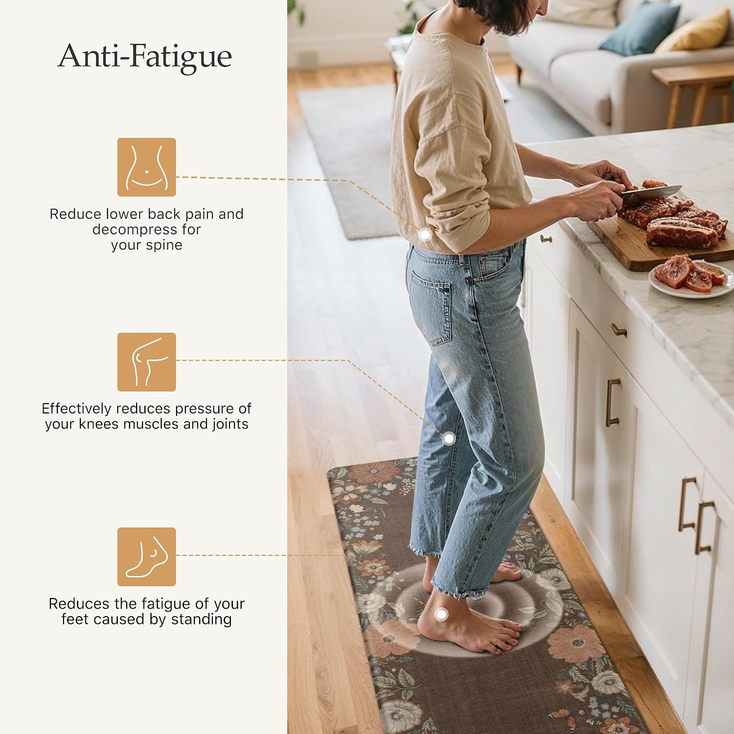 image:imageGENIMO Anti Fatigue Kitchen Mats for Floor 2PCS Cushioned Standing Mats 173x47amp173x30 Jet Black vintage floral rug set waterproof non slip easyclean for farmhouseLight Brown