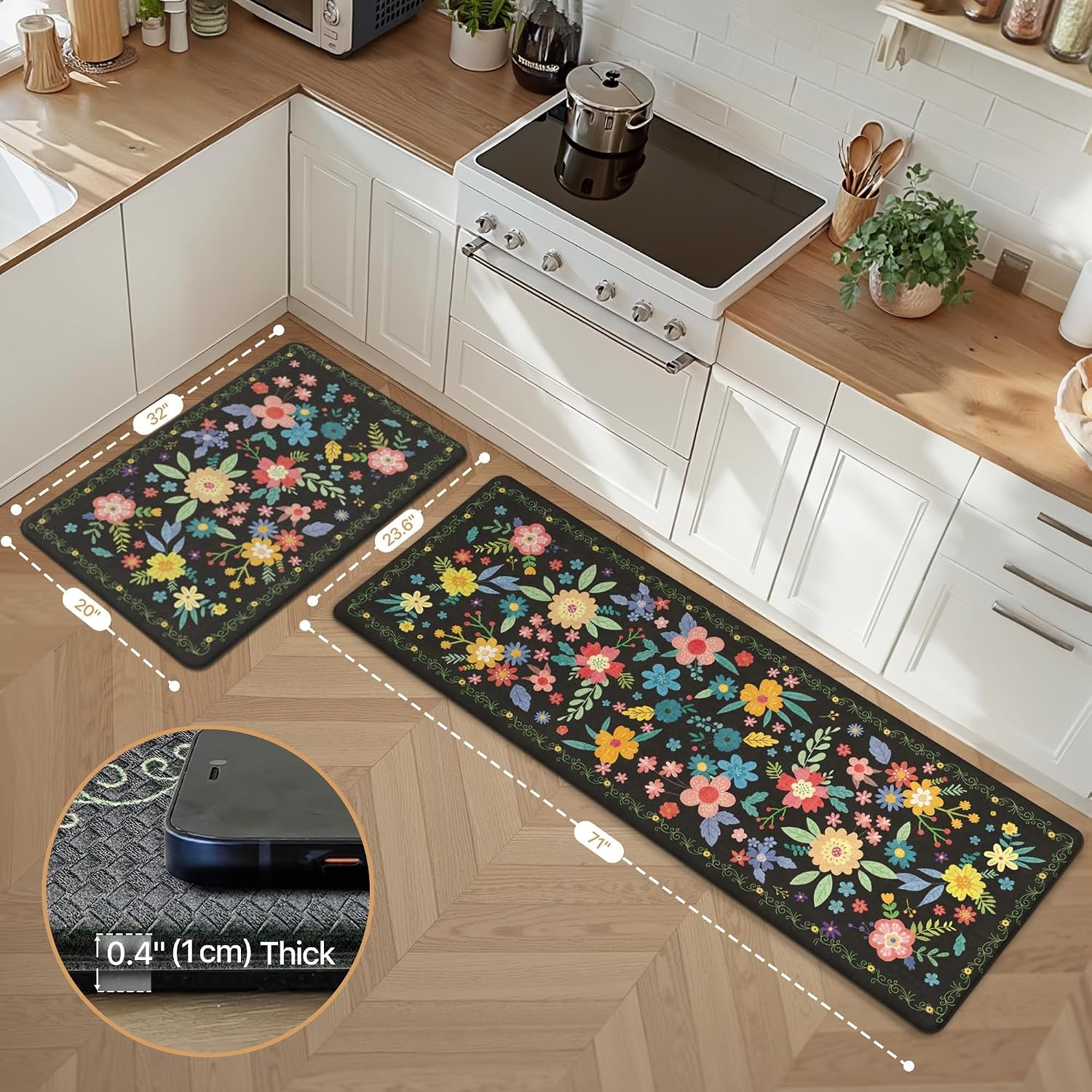 image:imageGENIMO Anti Fatigue Kitchen Mats for Floor 2PCS Cushioned Standing Mats  173x47amp173x30 Jet Black vintage floral rug set waterproof non slip easyclean for farmhouseBlack