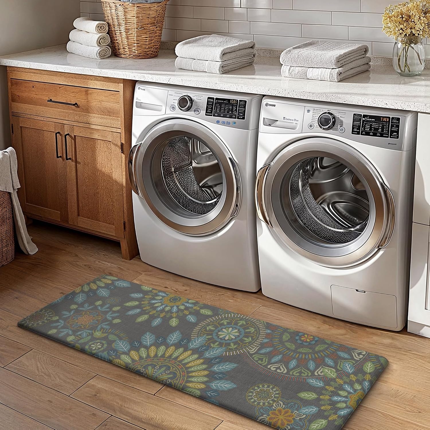image:imageGENIMO Anti Fatigue Kitchen Mats for Floor 2PCS Cushioned Standing Mats 173x47amp173x30 Jet Black vintage floral rug set waterproof non slip easyclean for farmhouseOlive Green