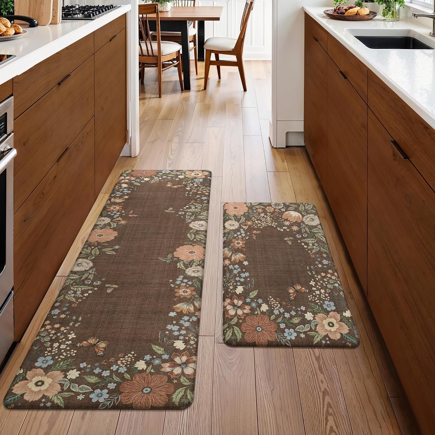image:imageGENIMO Anti Fatigue Kitchen Mats for Floor 2PCS Cushioned Standing Mats 173x47amp173x30 Jet Black vintage floral rug set waterproof non slip easyclean for farmhouseLight Brown