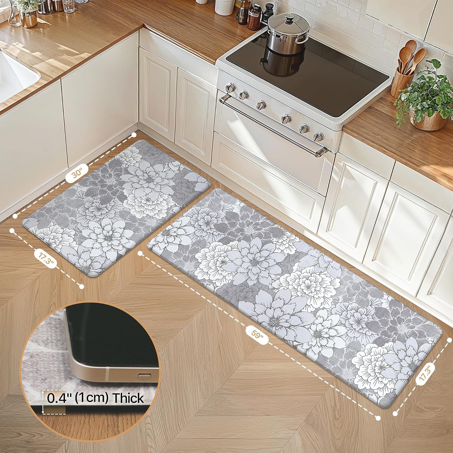 image:imageGENIMO Anti Fatigue Kitchen Mats for Floor 2PCS Cushioned Standing Mats 173x47amp173x30 Jet Black vintage floral rug set waterproof non slip easyclean for farmhouseLavender Grey