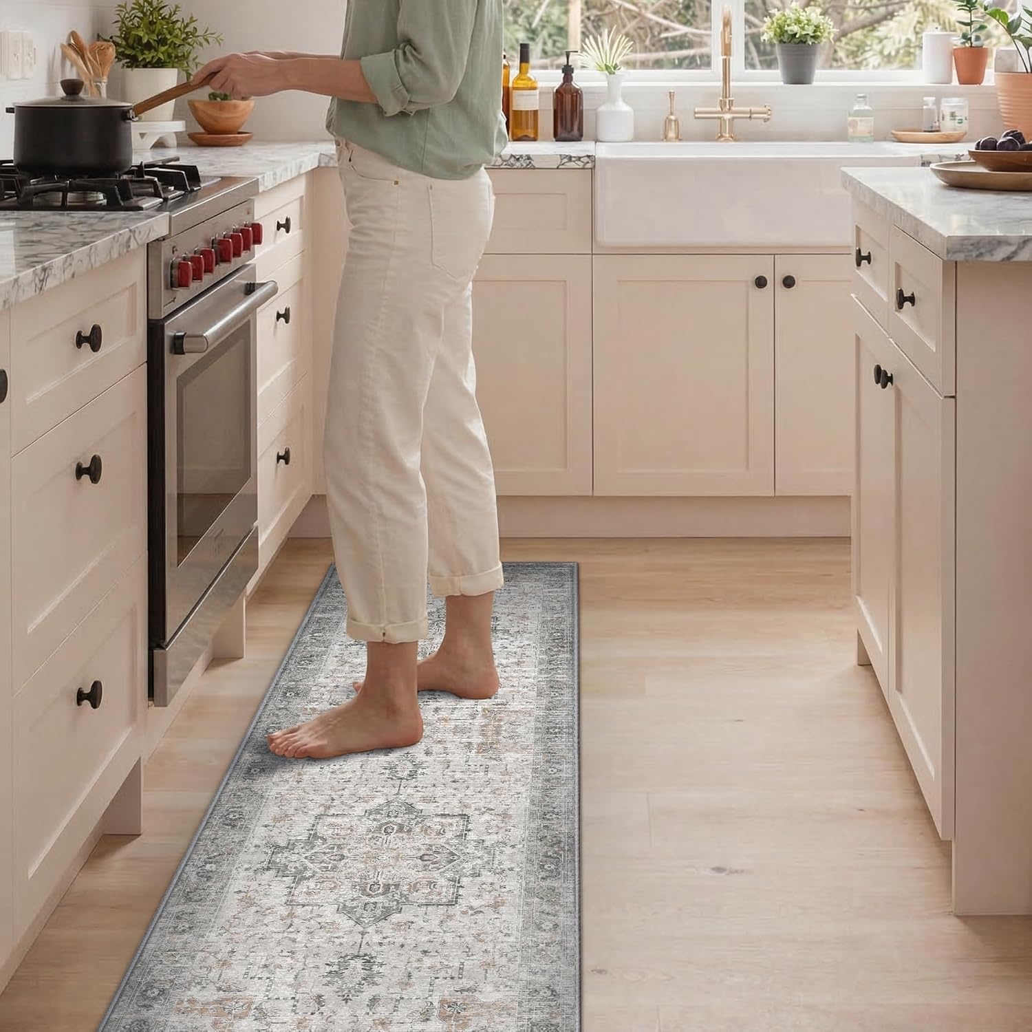 image:imageGENIMO Kitchen Rugs Large Washable Non Slip Kitchen Mats for Floor 48x72 Green vintage abstract rug soft faux cashmere low pile easyclean for laundry entryway sink farmhouseLight Taupe Brown
